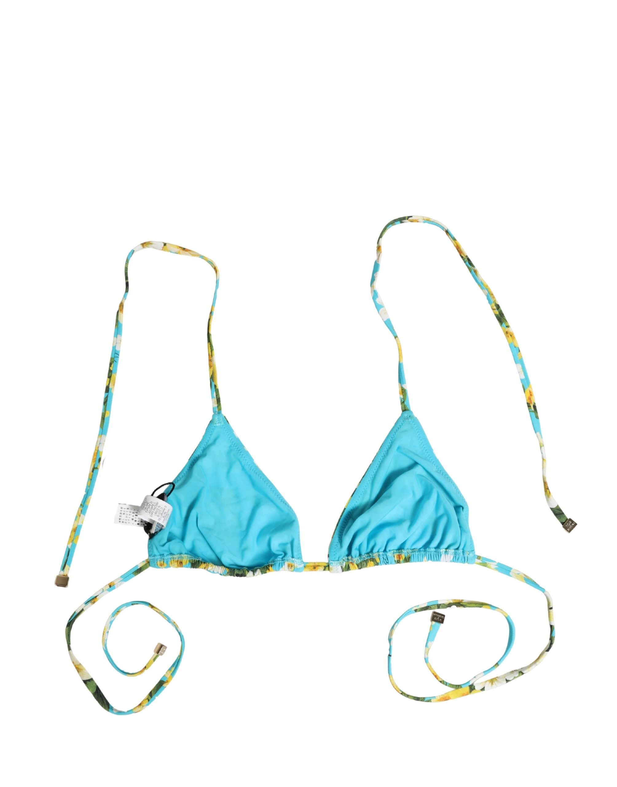 Dolce & Gabbana Blue Floral Print Nylon Halter Bikini Top Swimwear