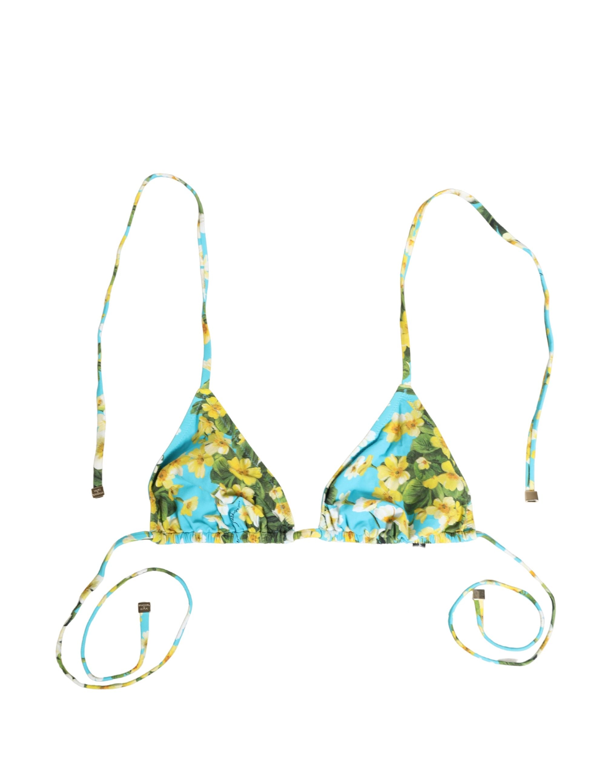 Dolce & Gabbana Blue Floral Print Nylon Halter Bikini Top Swimwear