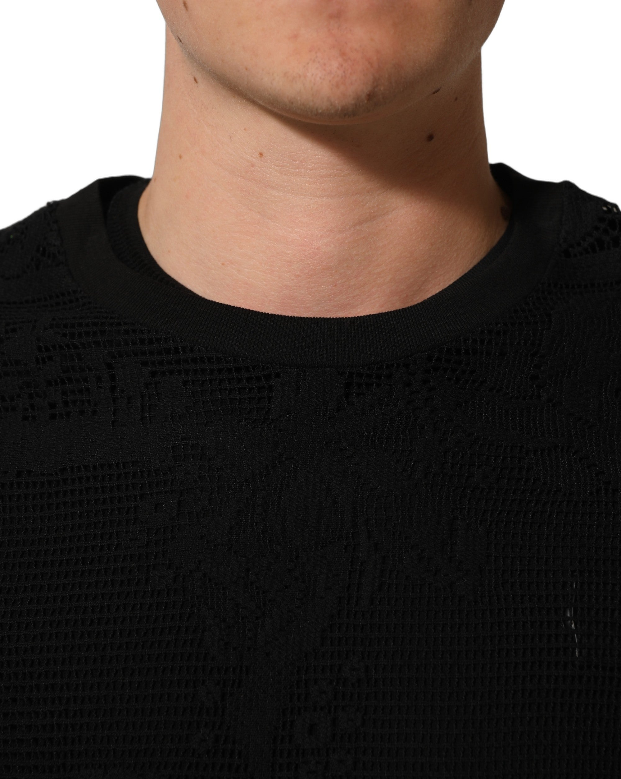 Dolce & Gabbana Black Cotton Floral Lace Crew Neck T-shirt