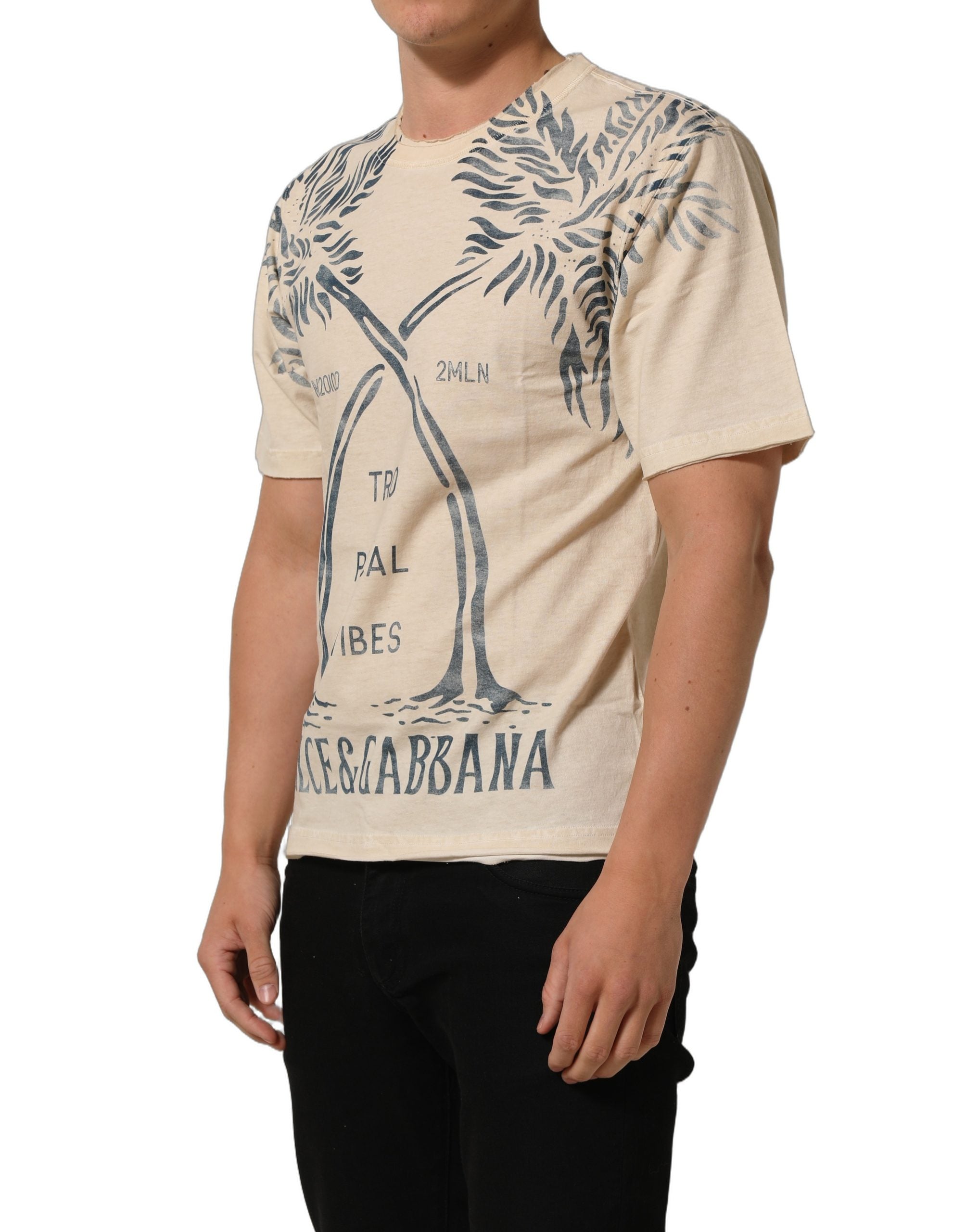 Dolce & Gabbana Beige Cotton Graphic Print Crew Neck T-shirt