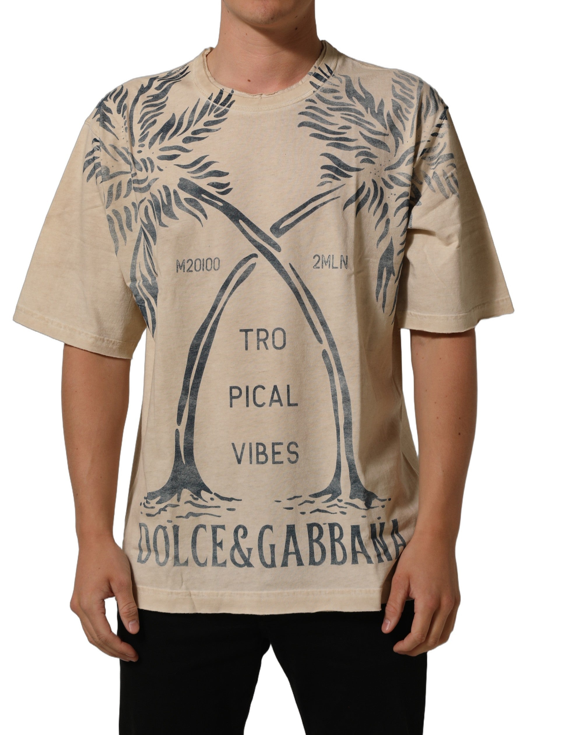 Dolce & Gabbana Beige Cotton Graphic Print Crew Neck T-shirt