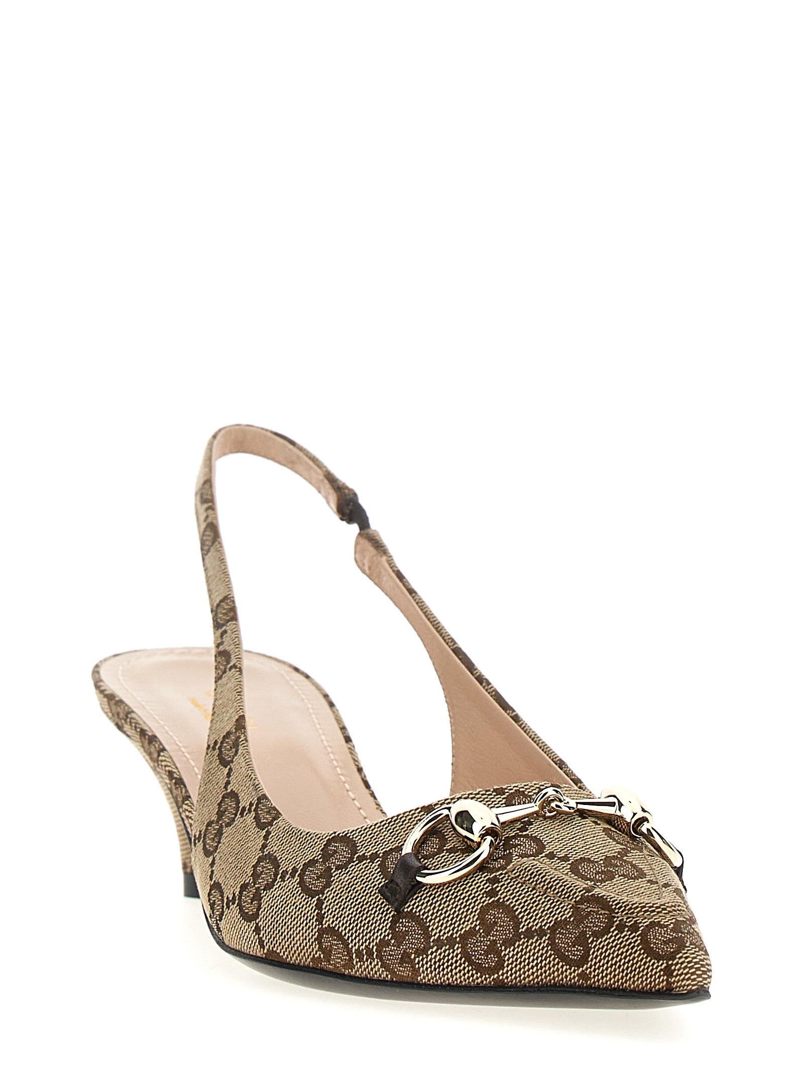 Gucci Beige Logo Kitten Heel Slingback Pumps