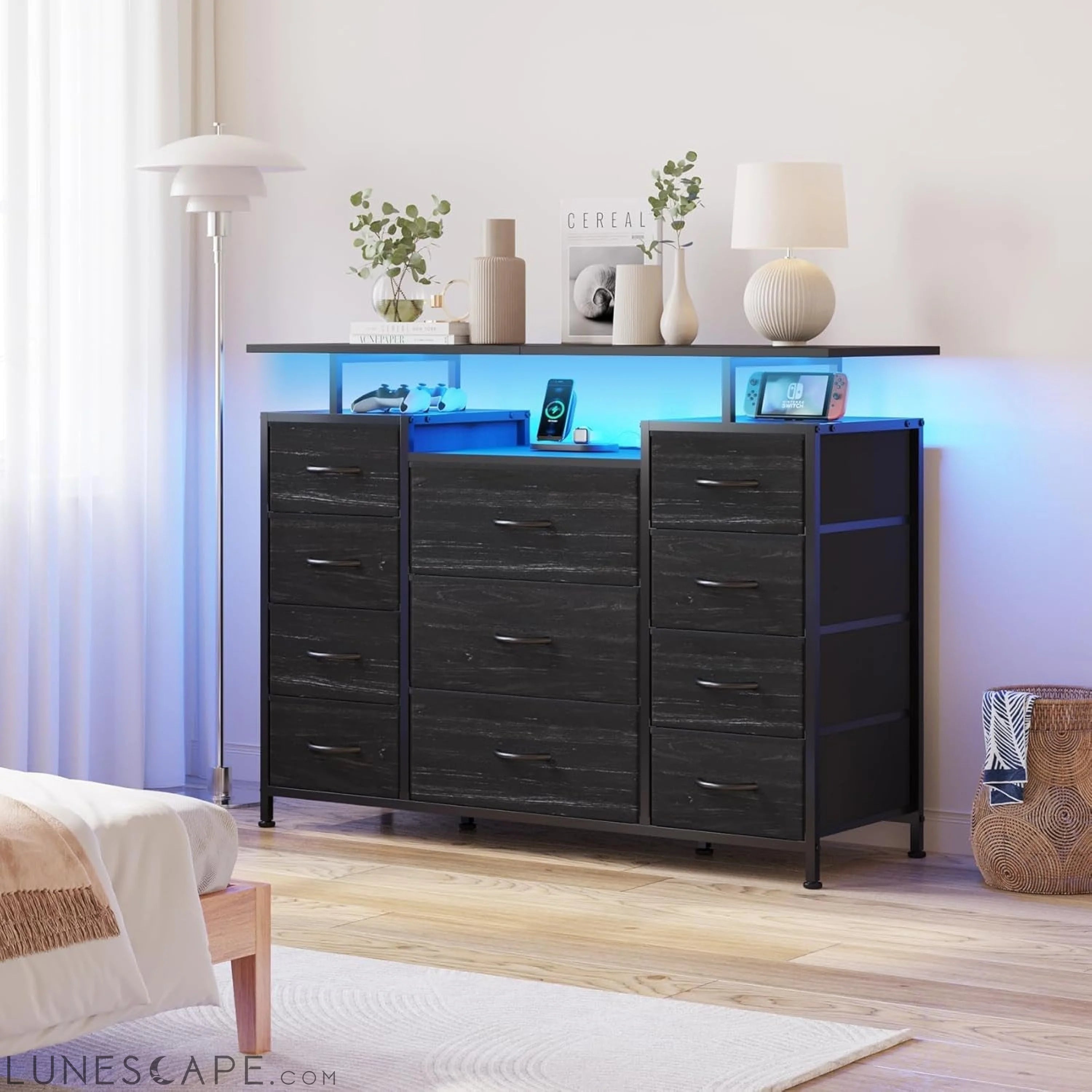 11 Drawers Dresser with Fabric Drawers,Charging Station, LED Lights LUNESCAPE