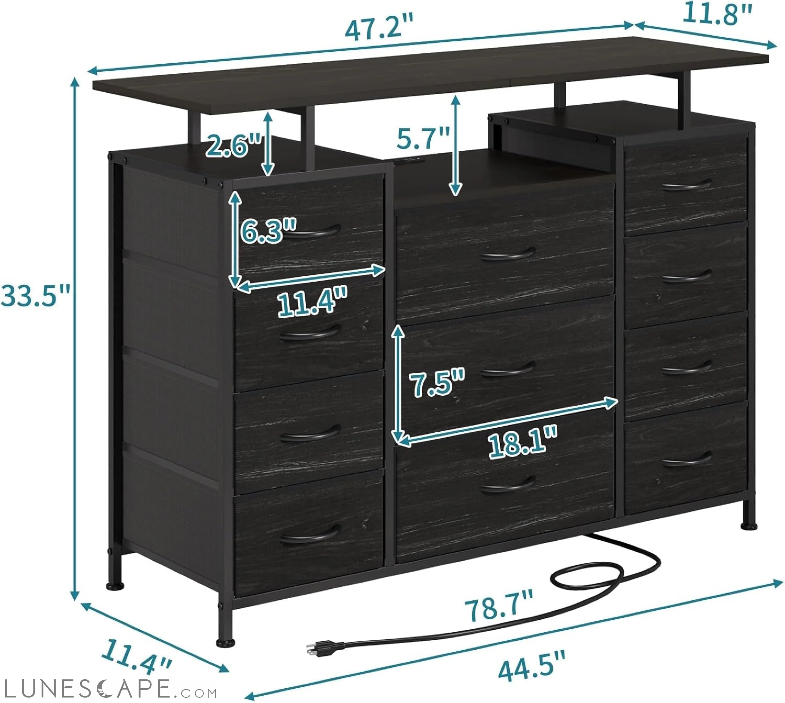 11 Drawers Dresser with Fabric Drawers,Charging Station, LED Lights LUNESCAPE