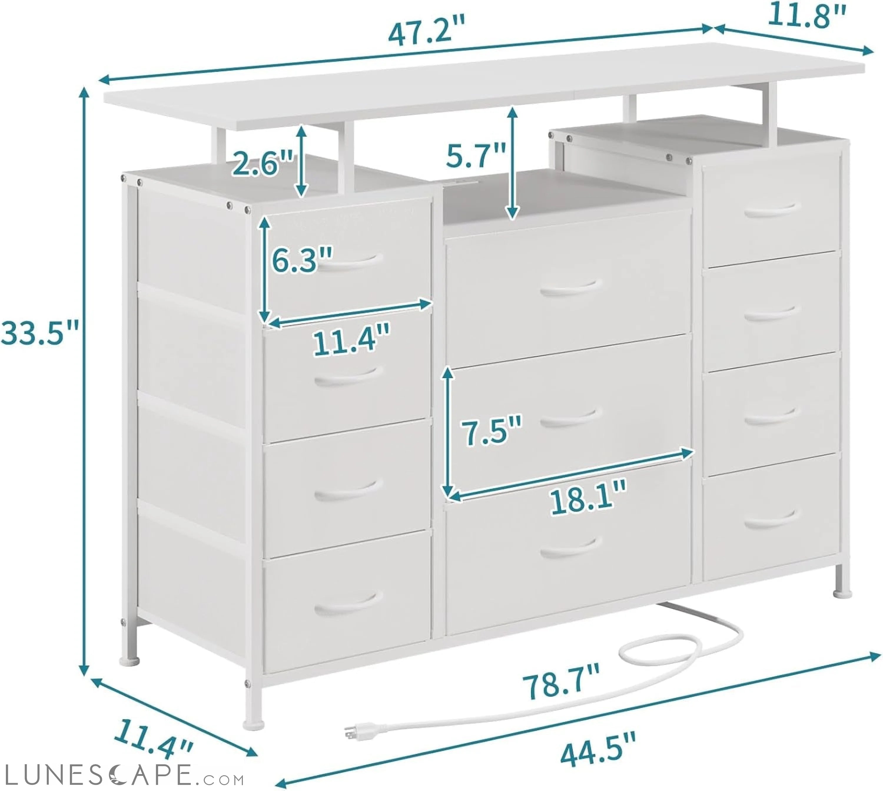11 Drawers Dresser with Fabric Drawers,Charging Station, LED Lights LUNESCAPE