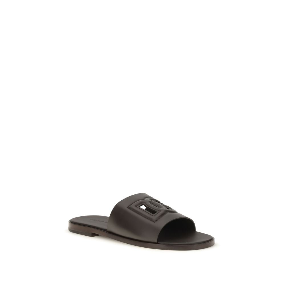 Dolce & Gabbana Brown Calf Leather Bos Taurus Flat Sandals
