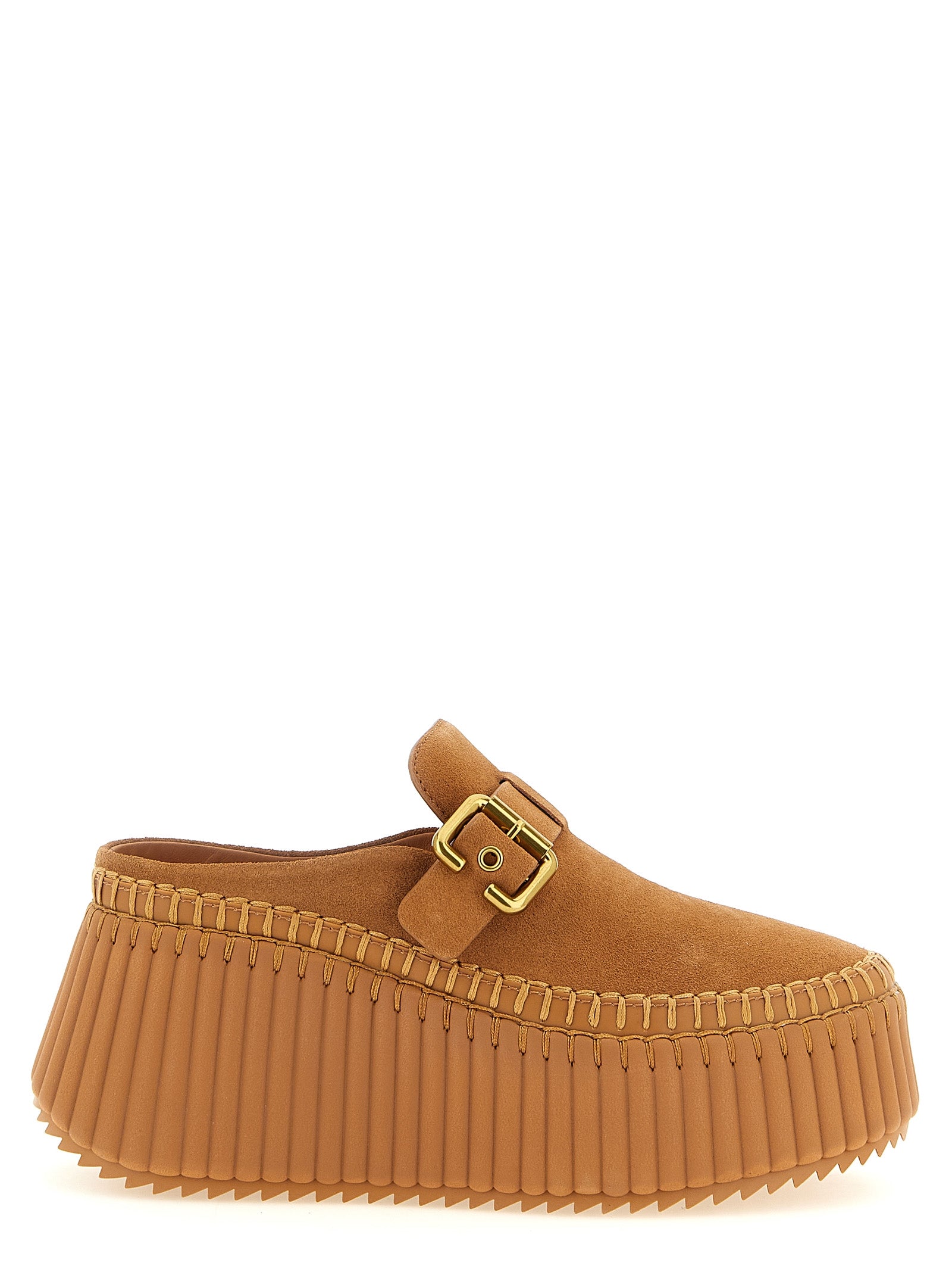 Chloé Beige Calfskin Platform Wedge Mules