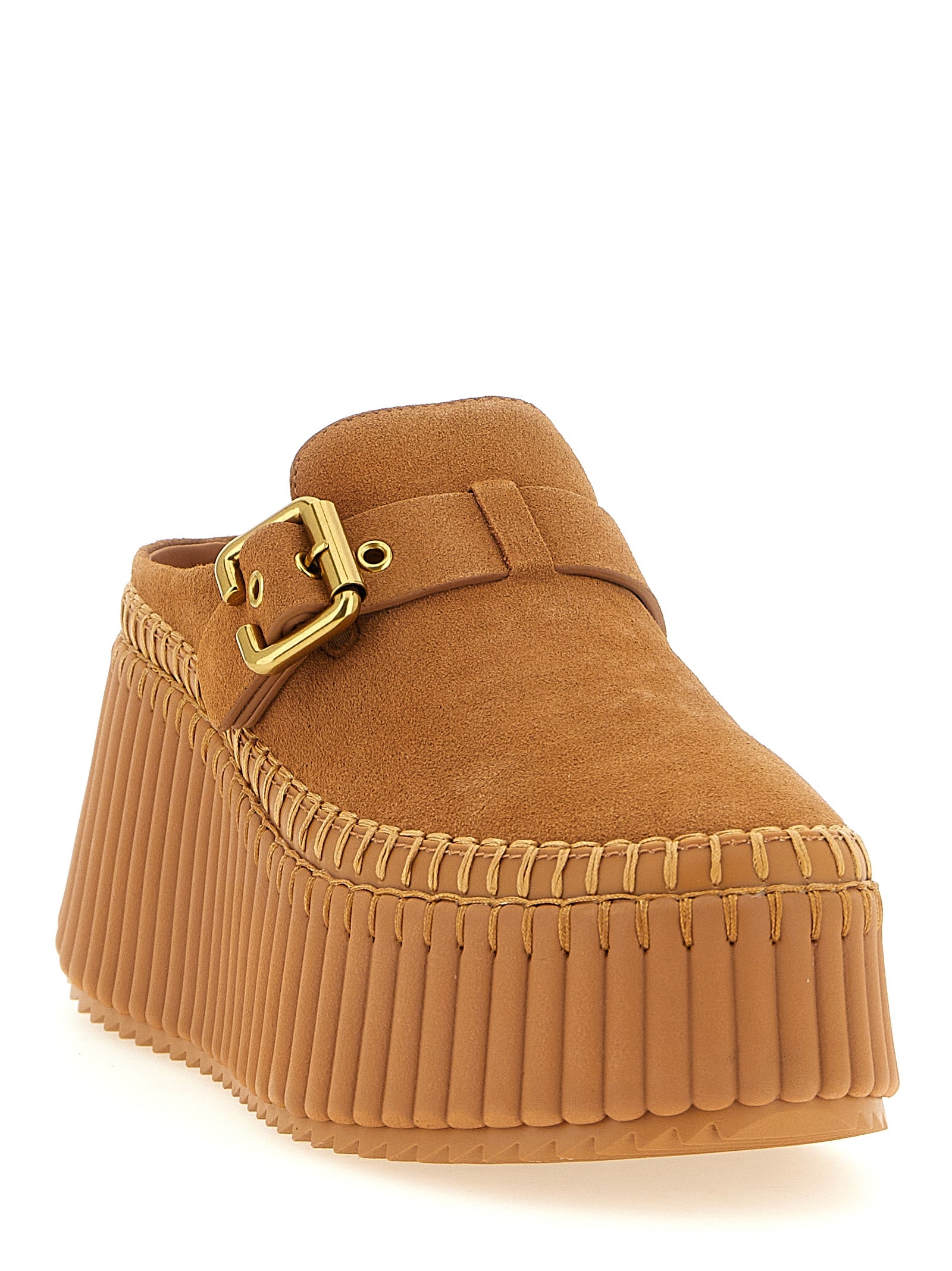 Chloé Beige Calfskin Platform Wedge Mules