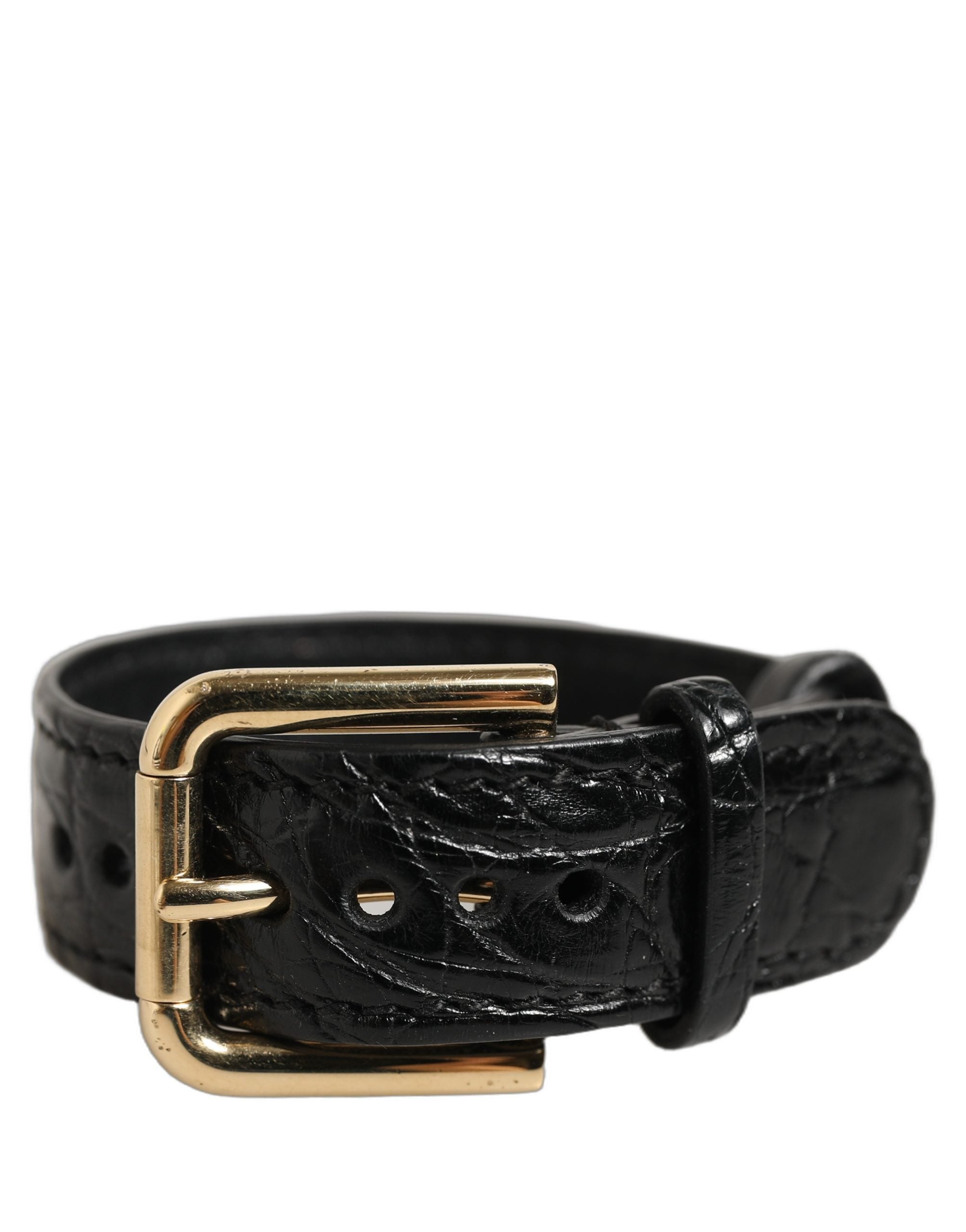 Dolce & Gabbana Black Textured Leather Gold Buckle Belt Strap Bracelet