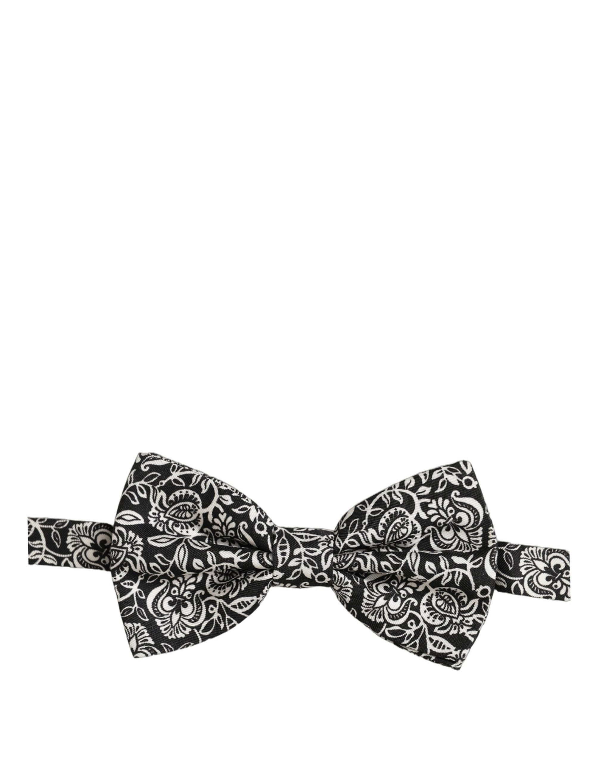 Dolce & Gabbana Tie Black White Paisley Silk Adjustable Neck Papillon Bow