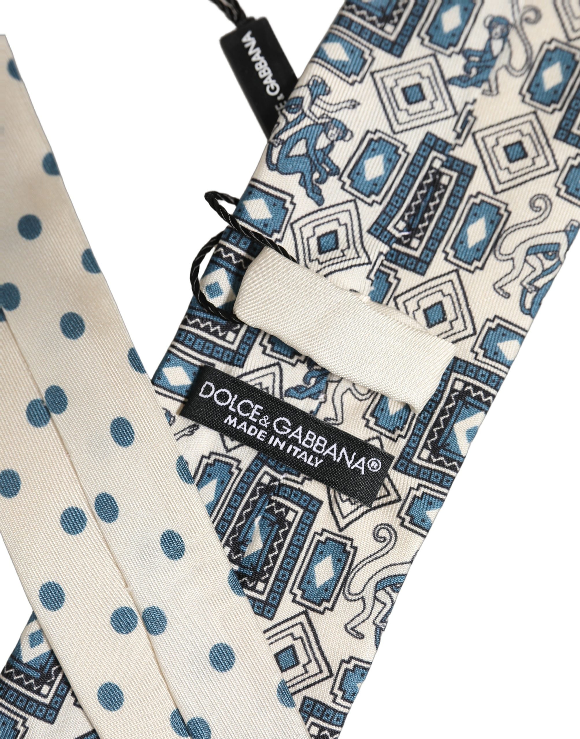 Dolce & Gabbana Men Off White Blue Geometric Adjustable Tied Necktie Tie