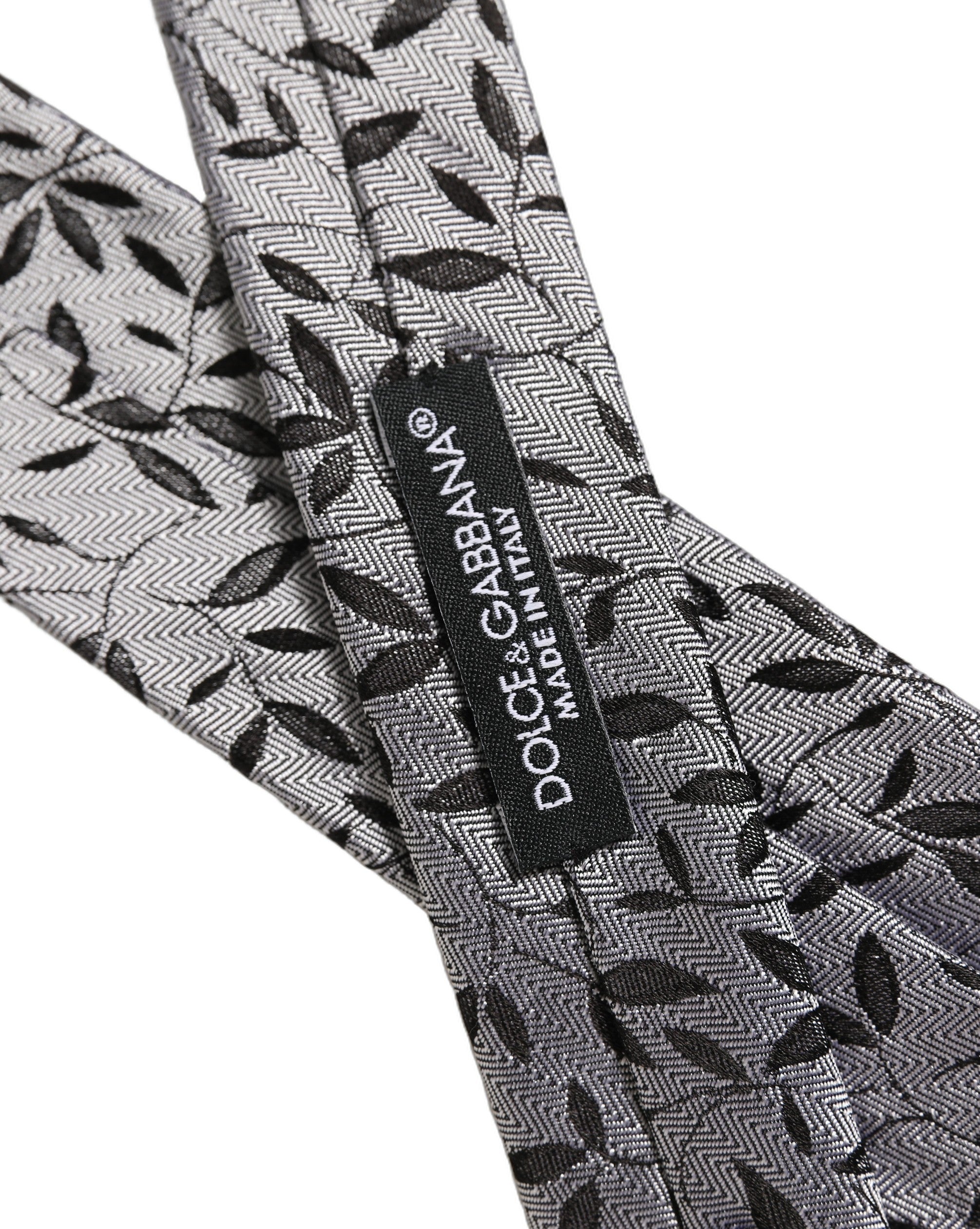 Dolce & Gabbana Men Gray Leaf Pattern Silk Adjustable Tied Necktie Tie
