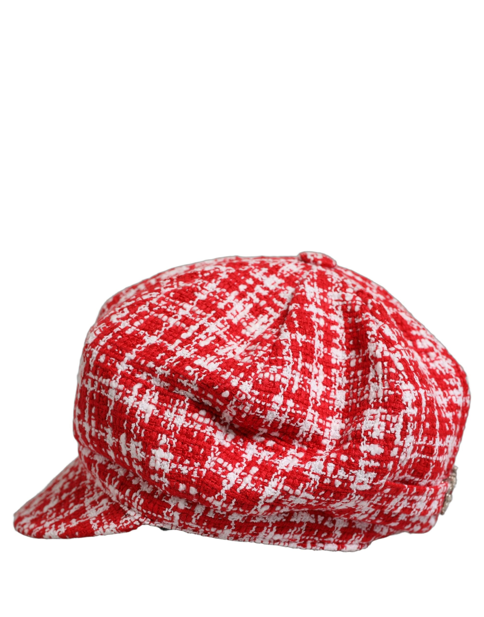 Dolce & Gabbana Red White Tweed Textured Baker Boy Capello Hat