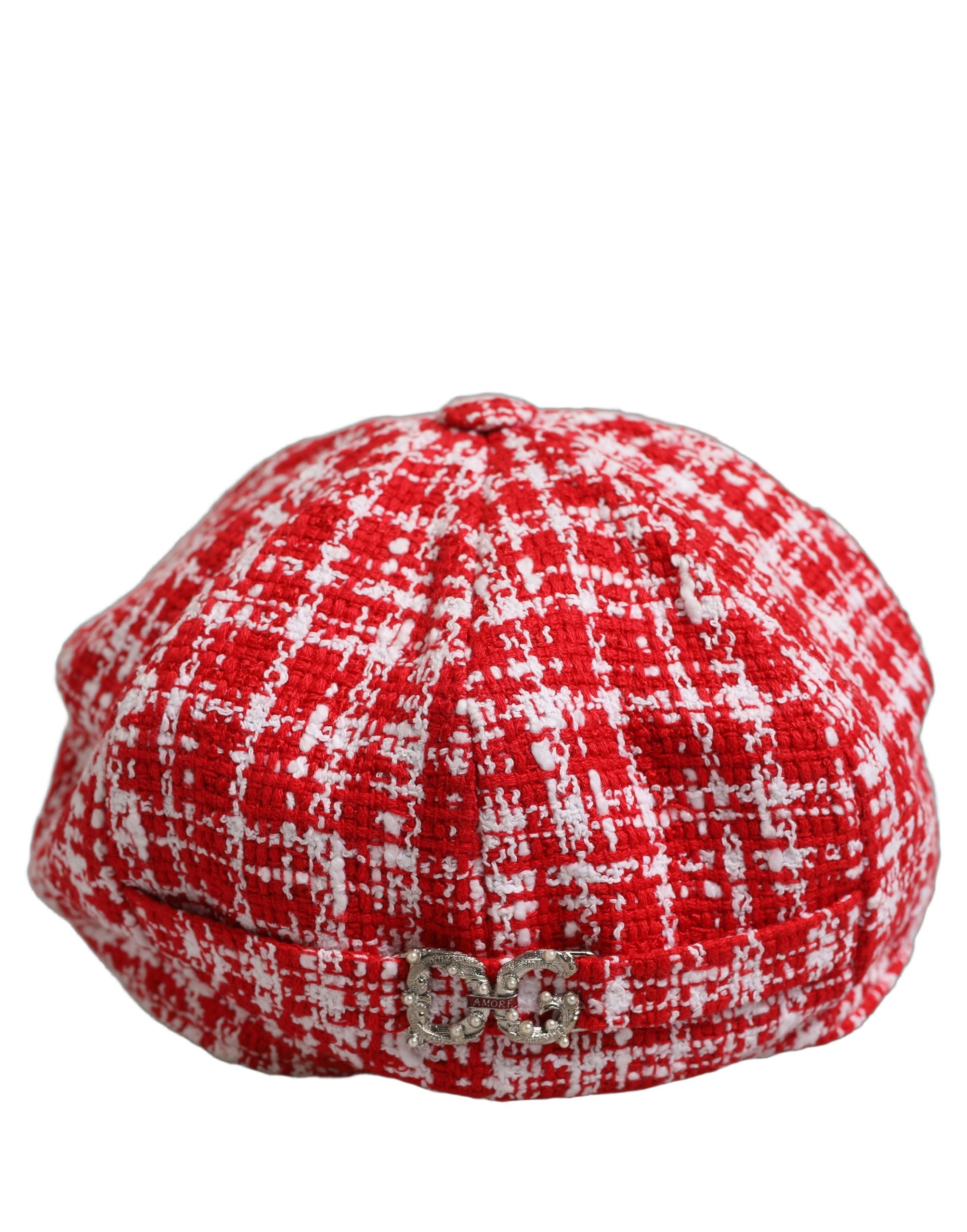 Dolce & Gabbana Red White Tweed Textured Baker Boy Capello Hat