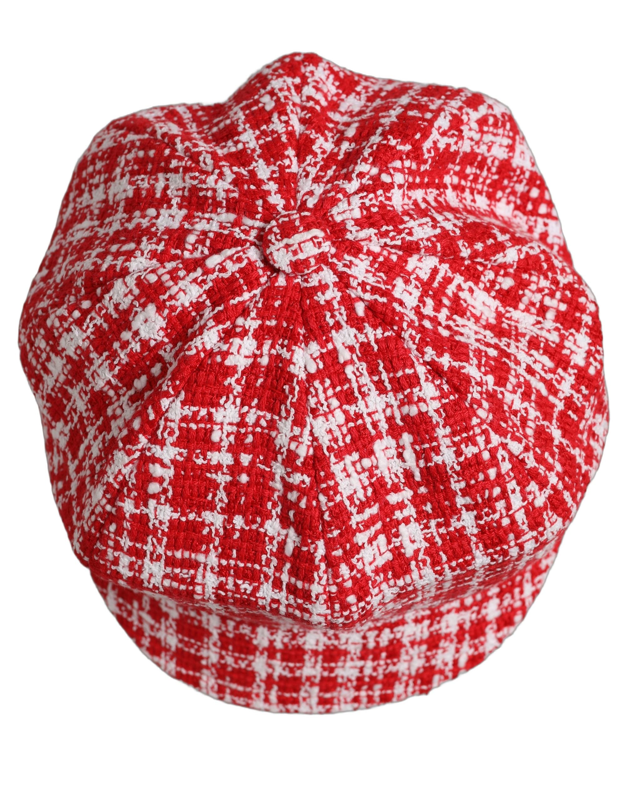 Dolce & Gabbana Red White Tweed Textured Baker Boy Capello Hat