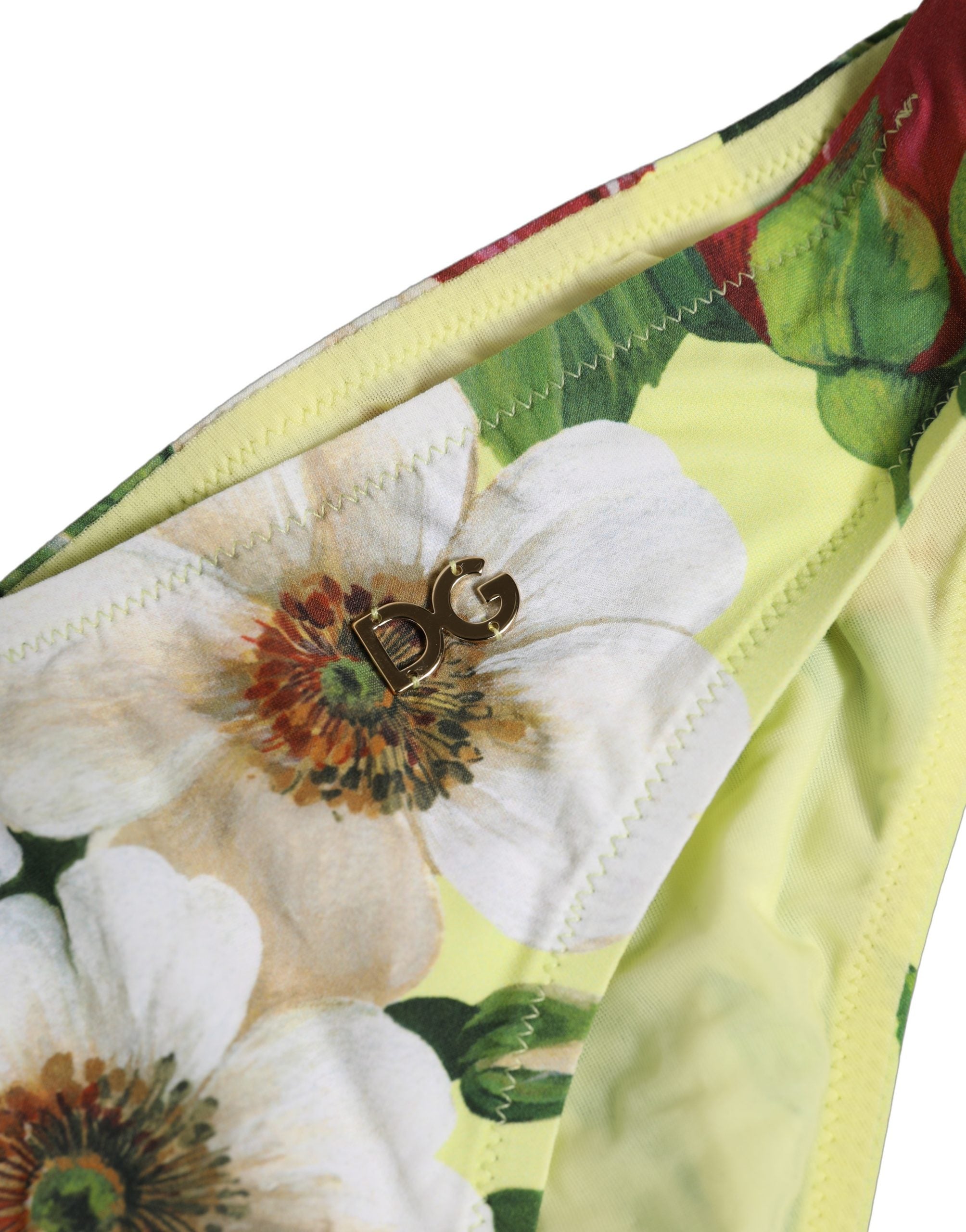 Dolce & Gabbana Yellow Floral Print Nylon Beachwear Bikini Bottom