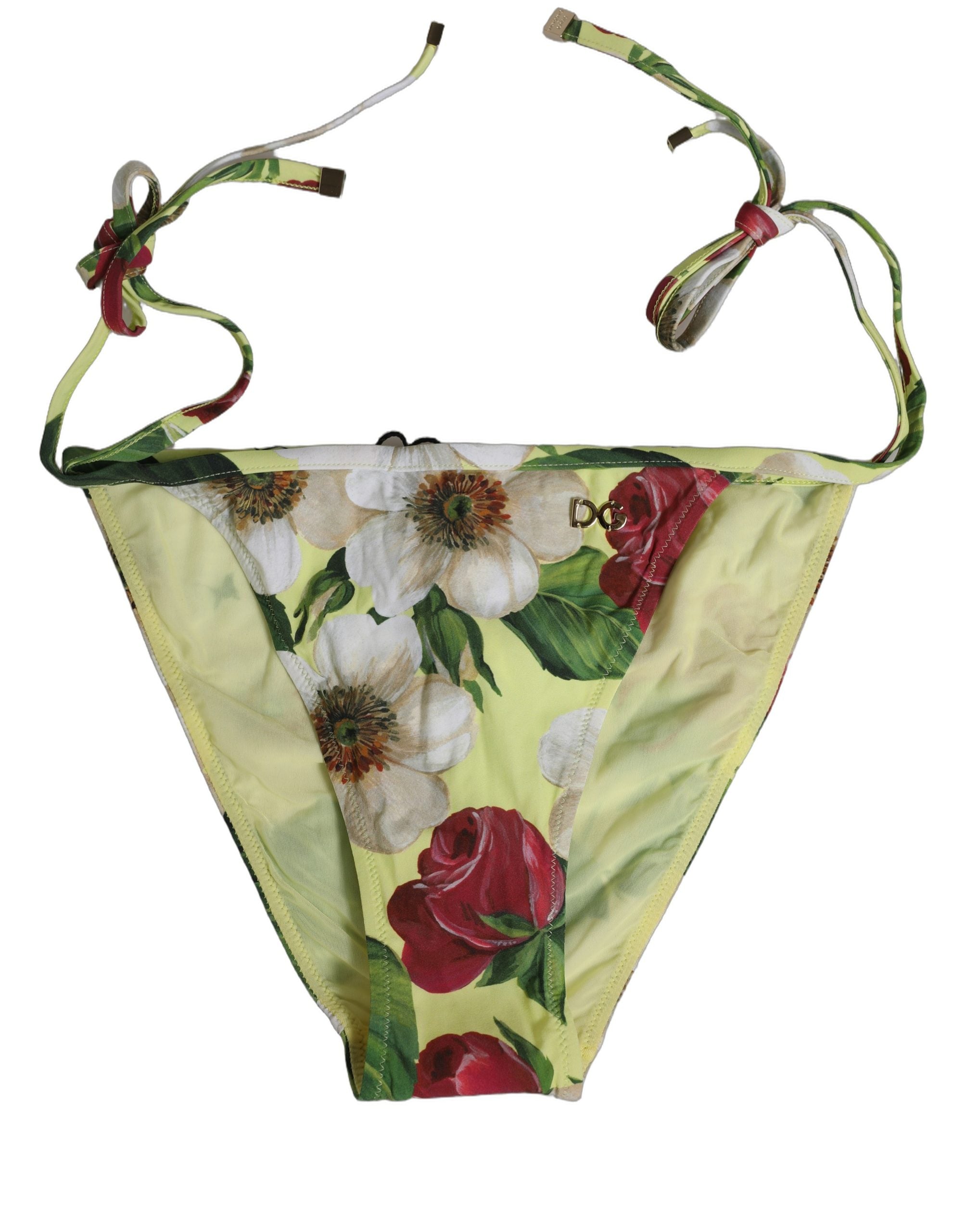 Dolce & Gabbana Yellow Floral Print Nylon Beachwear Bikini Bottom