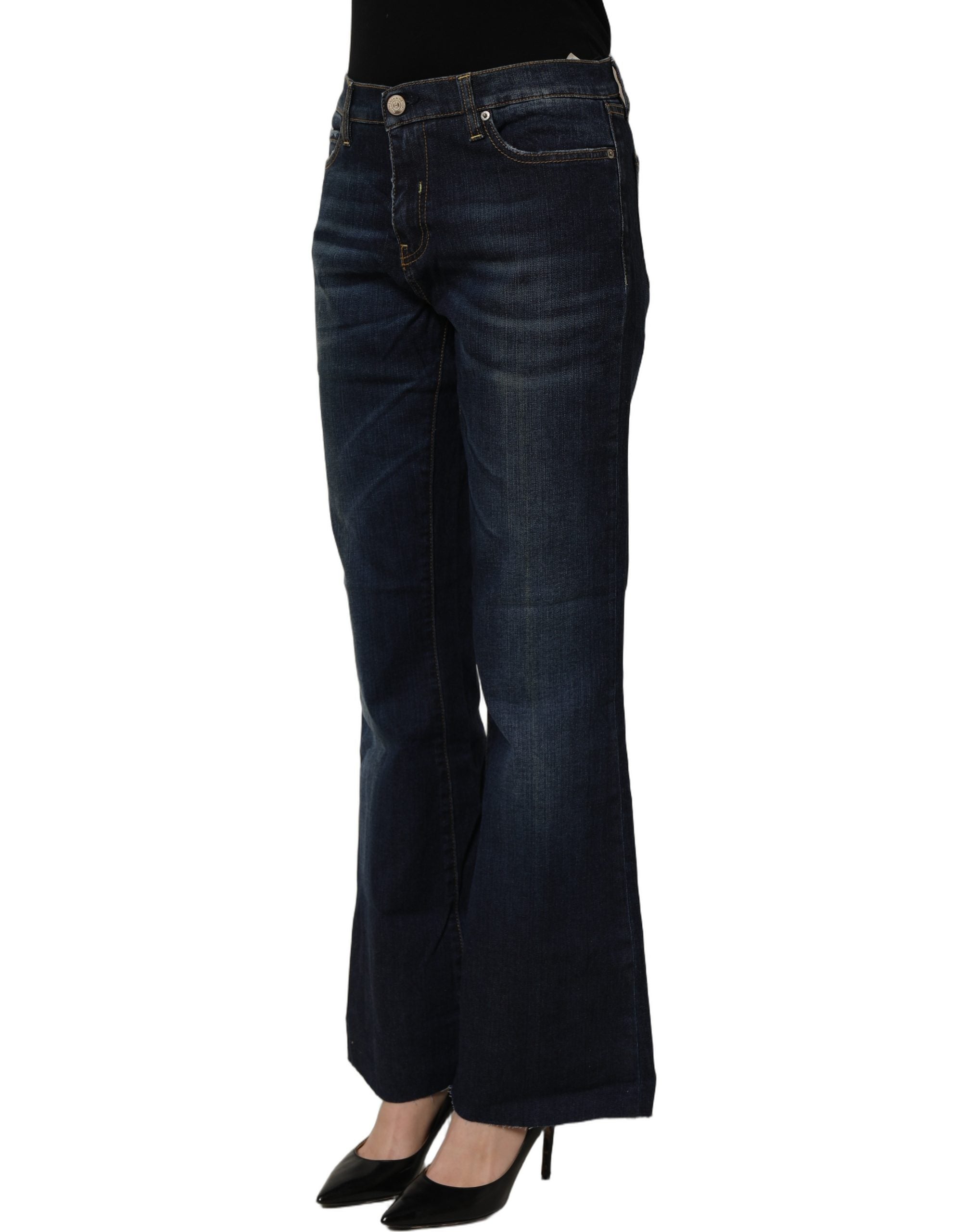 Two women in the world Dark Blue Washed Mid-Waisted Flared Denim Casual Jeans