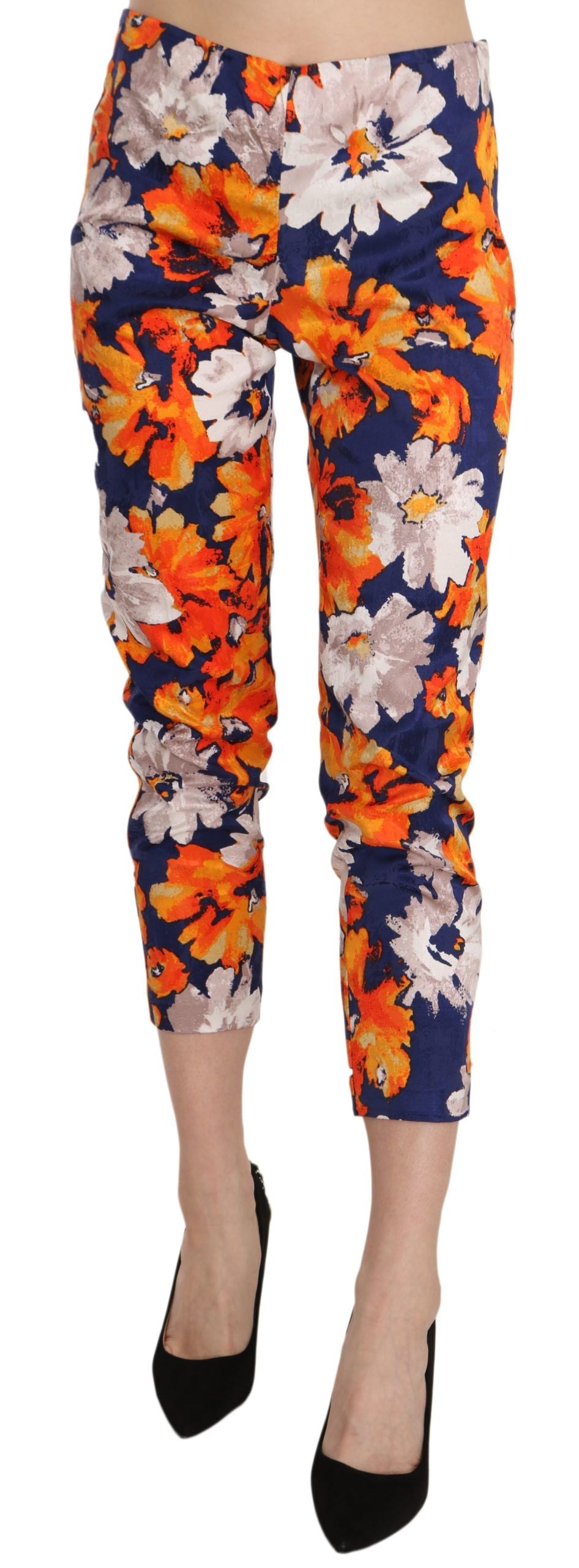 LANACAPRINA Blue Floral Print Skinny Slim Fit Trousers Pants LUNESCAPE