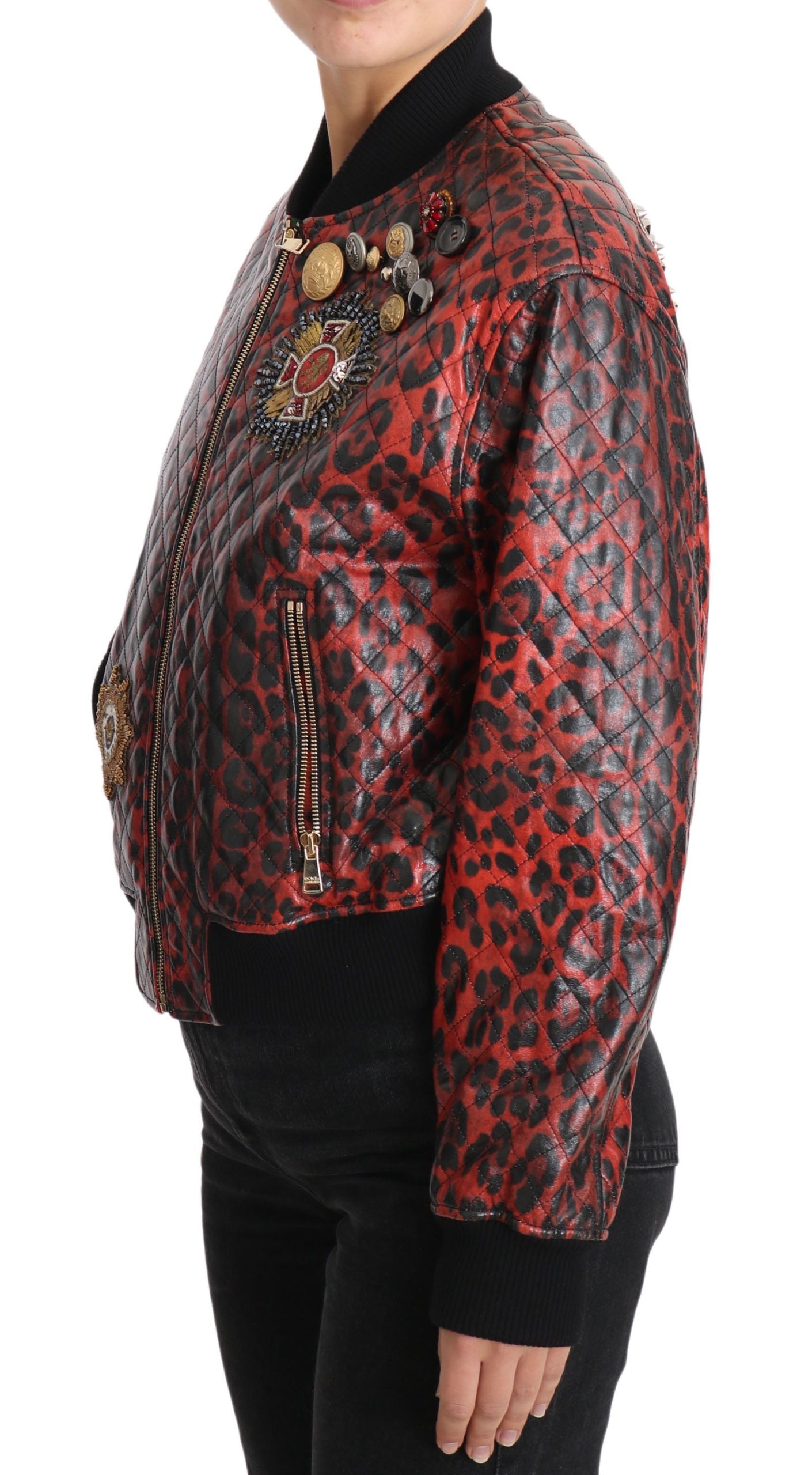 Dolce & Gabbana Red Leopard Button Crystal Leather Jacket LUNESCAPE