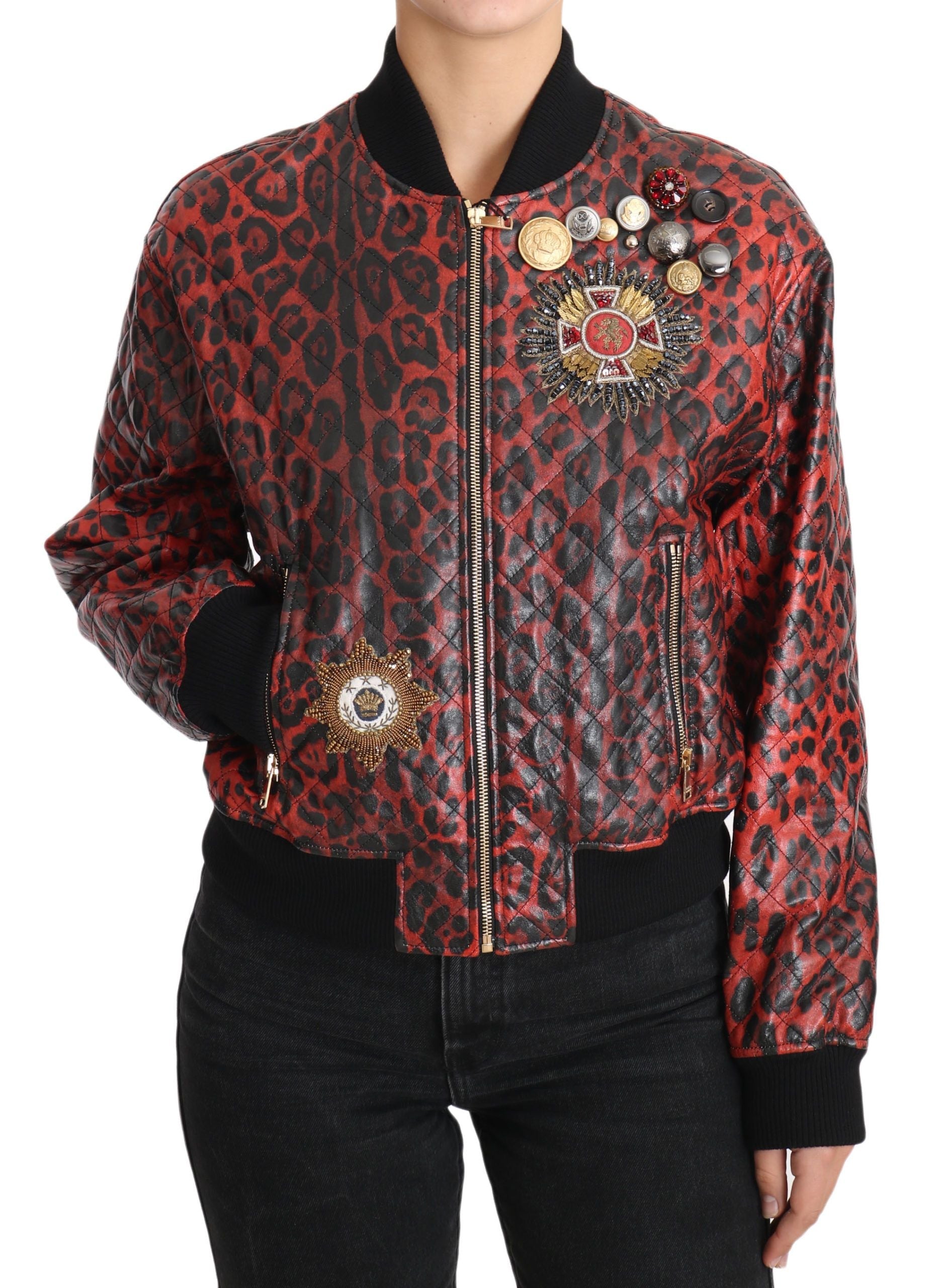 Dolce & Gabbana Red Leopard Button Crystal Leather Jacket LUNESCAPE