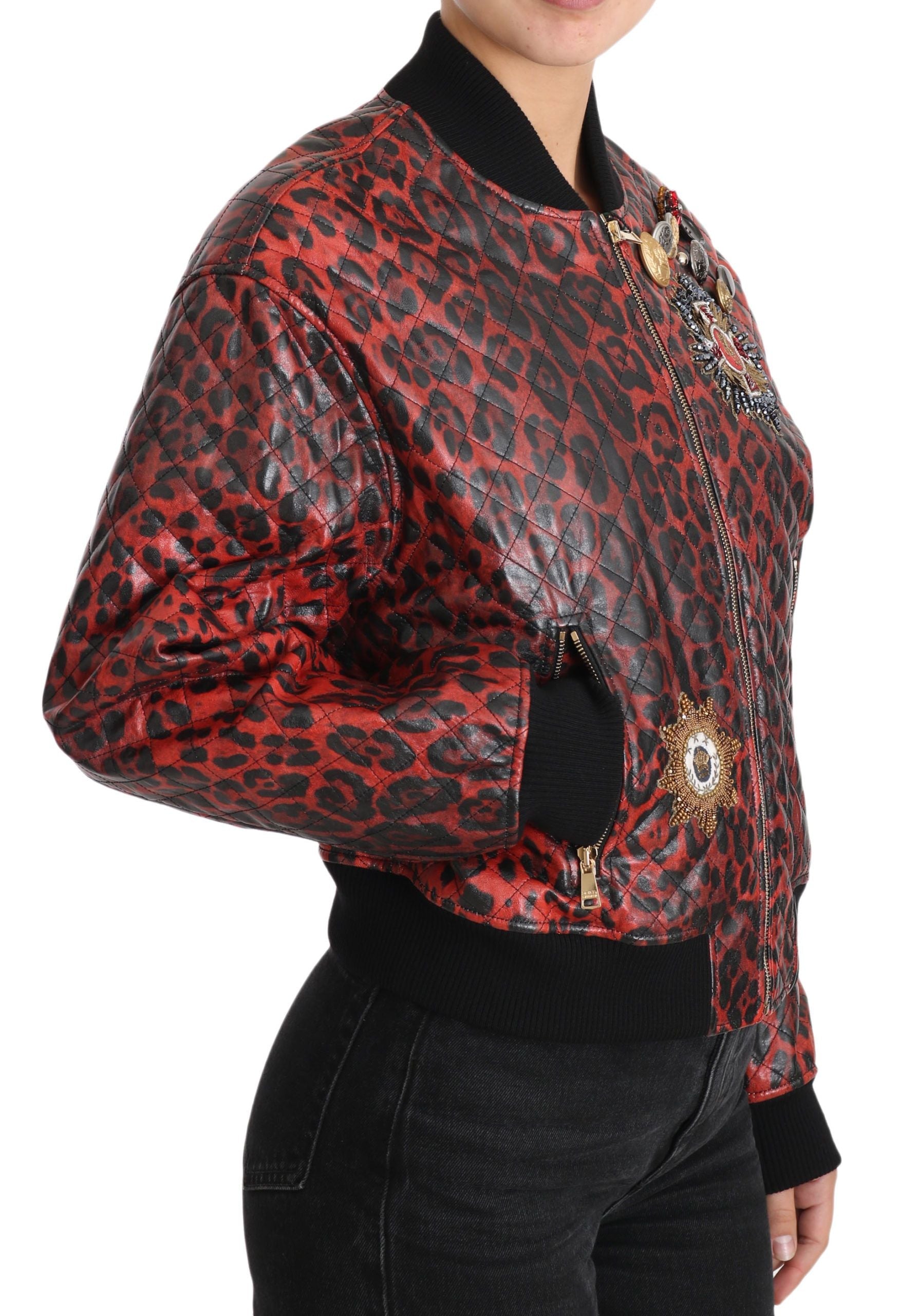 Dolce & Gabbana Red Leopard Button Crystal Leather Jacket LUNESCAPE