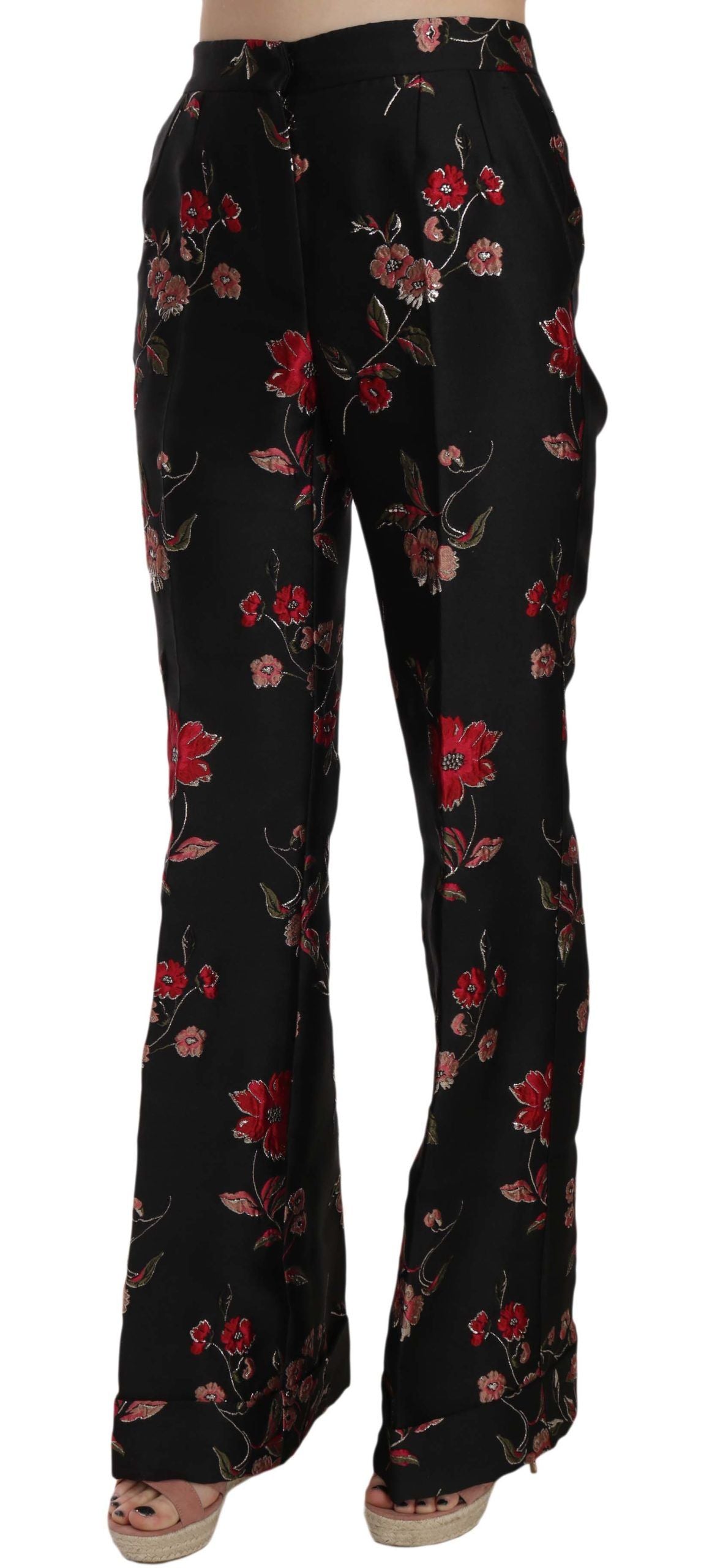 Dolce & Gabbana Floral Print Black Boot Cut Trouser Pants LUNESCAPE