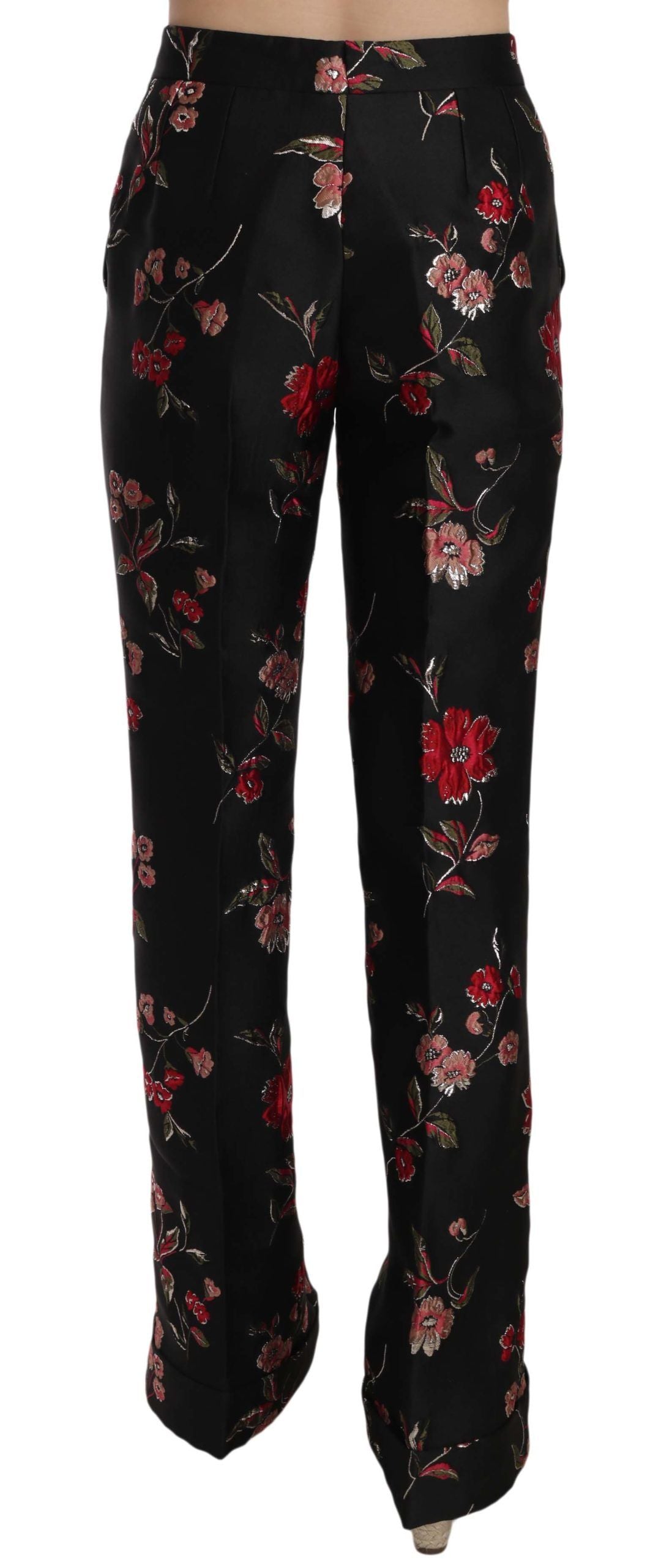 Dolce & Gabbana Floral Print Black Boot Cut Trouser Pants LUNESCAPE