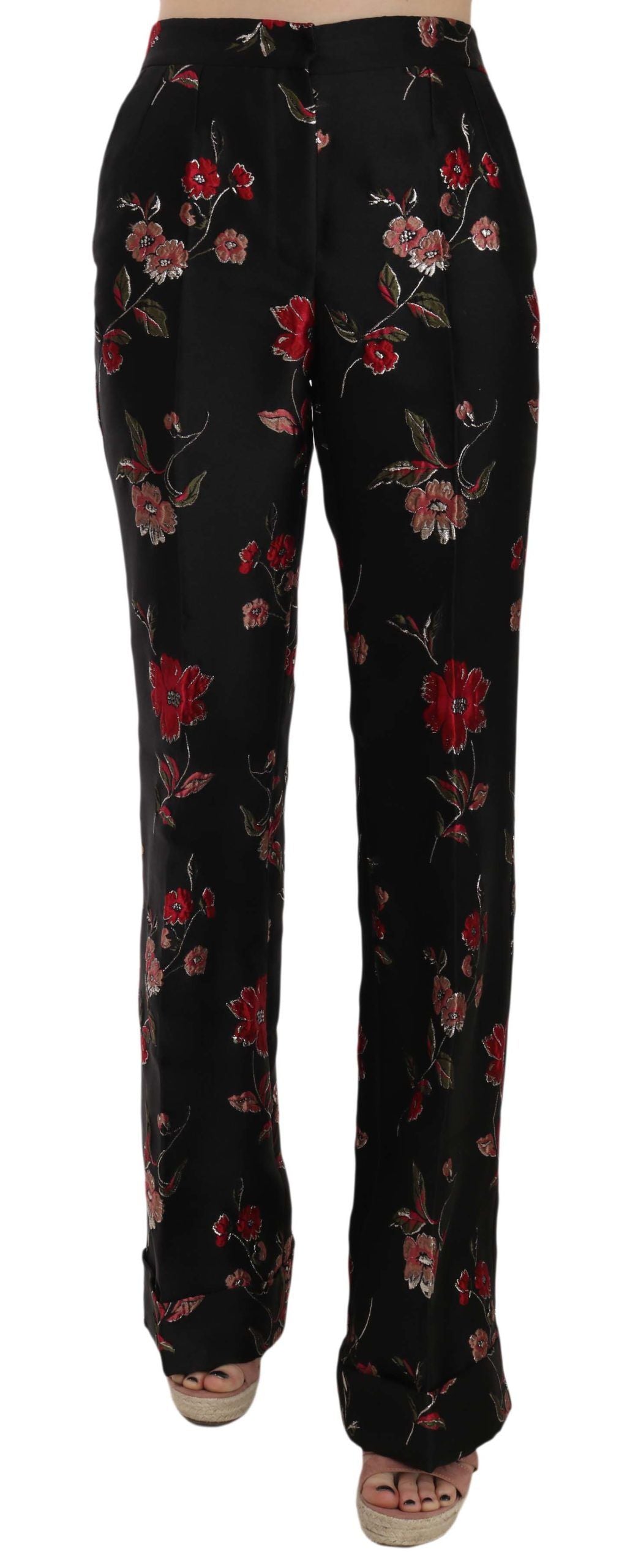 Dolce & Gabbana Floral Print Black Boot Cut Trouser Pants LUNESCAPE