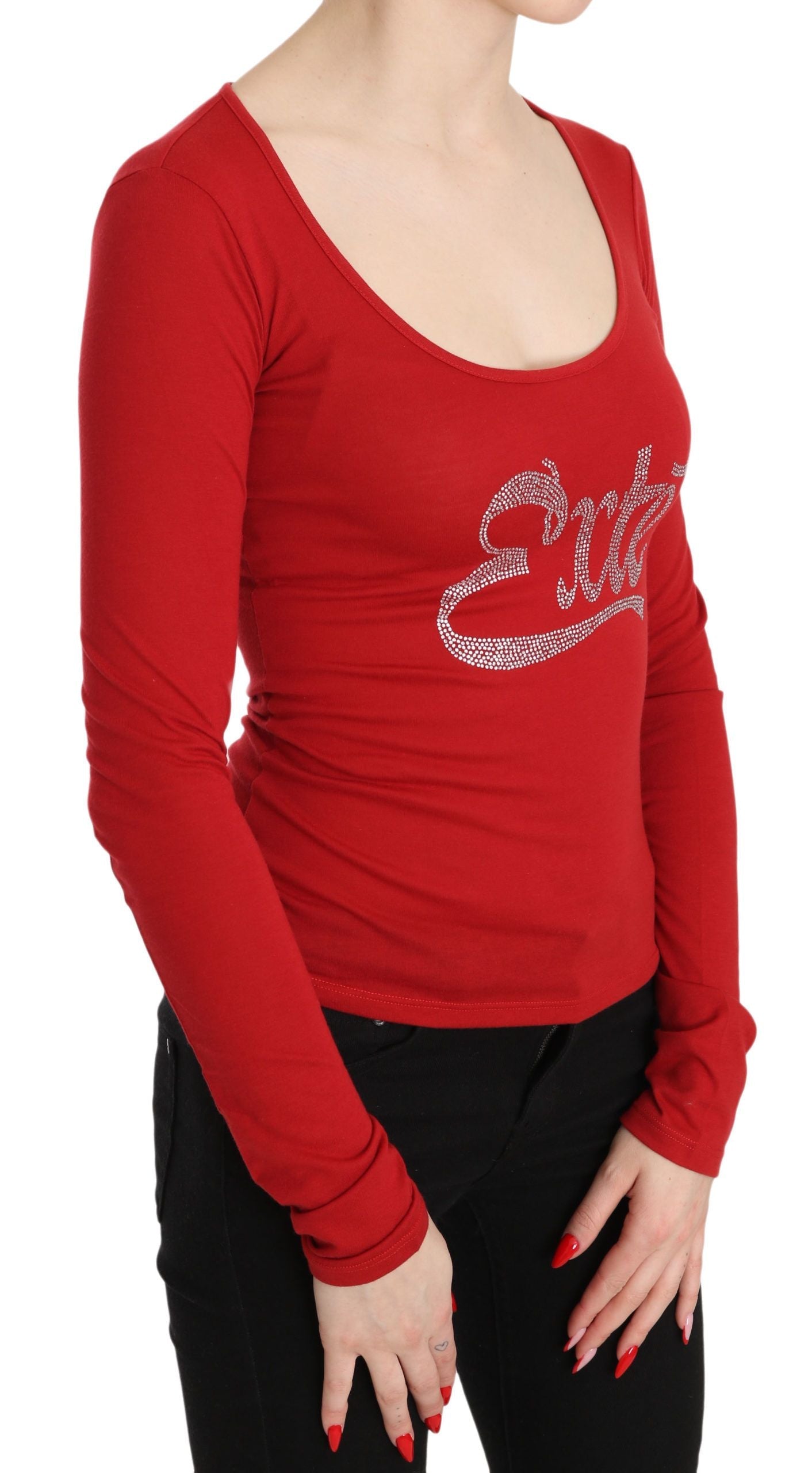 Red Exte Crystal Embellished Long Sleeve Top Blouse LUNESCAPE