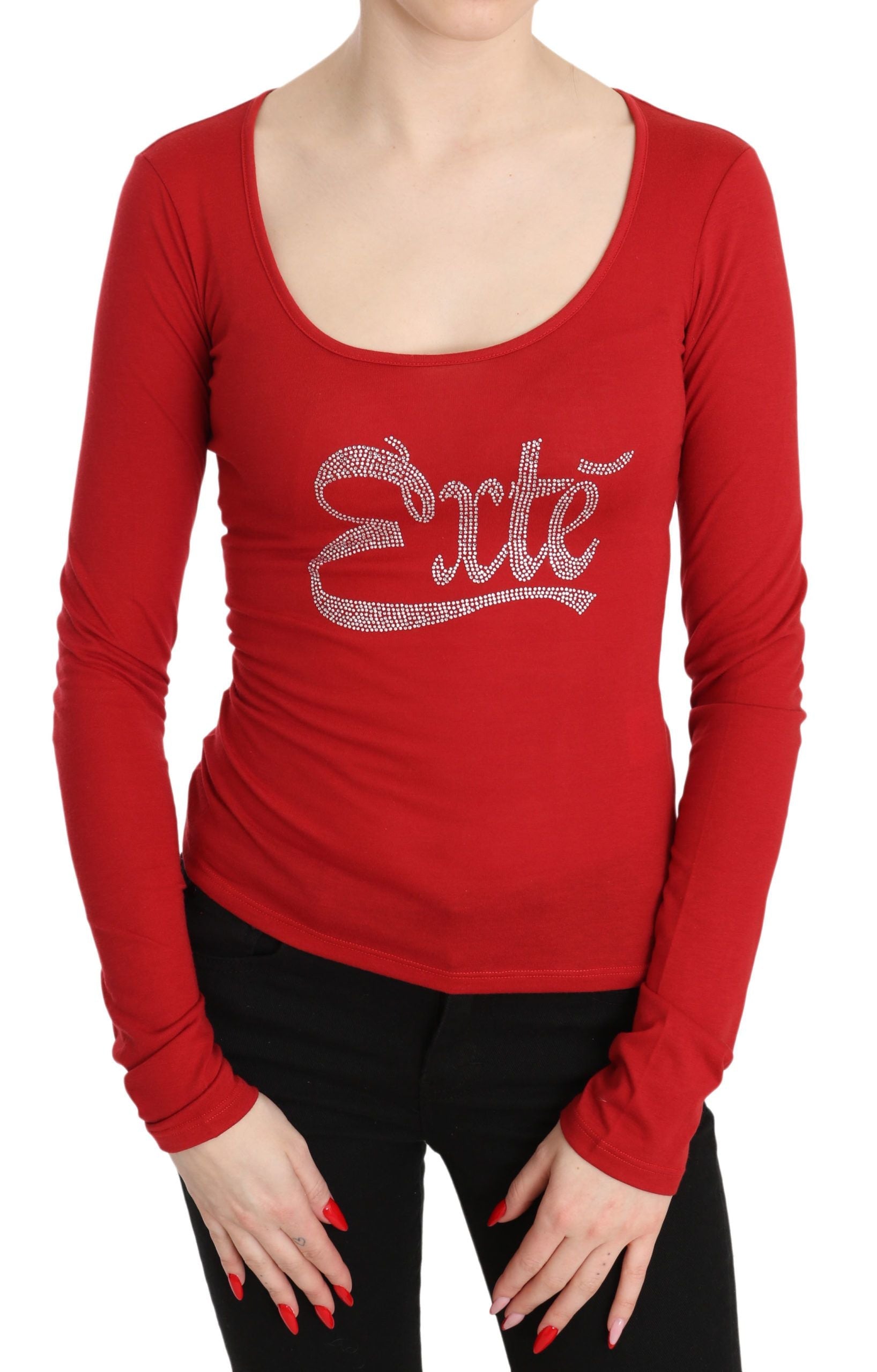 Red Exte Crystal Embellished Long Sleeve Top Blouse LUNESCAPE