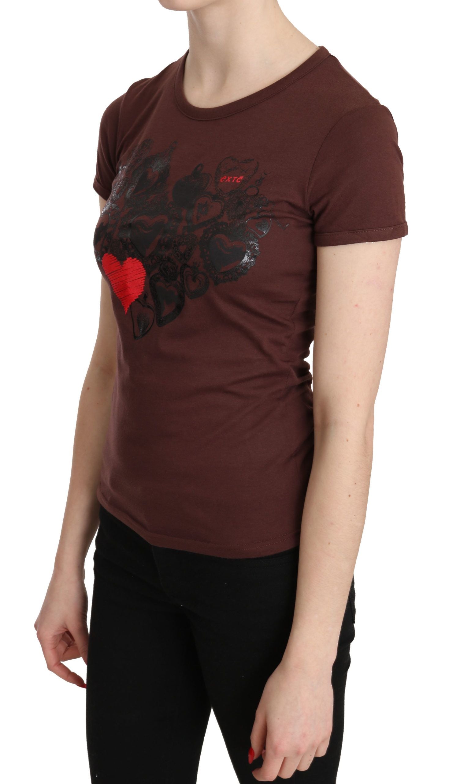 Exte Brown Hearts Printed Round Neck T-shirt Top LUNESCAPE