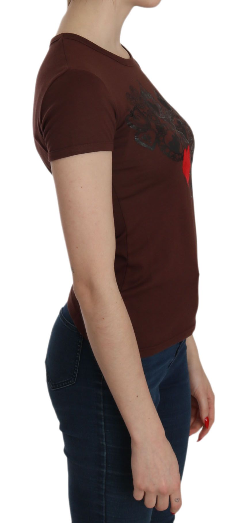 Exte Brown Heart Print Crew Neck T-shirt Short Sleeve Blouse LUNESCAPE