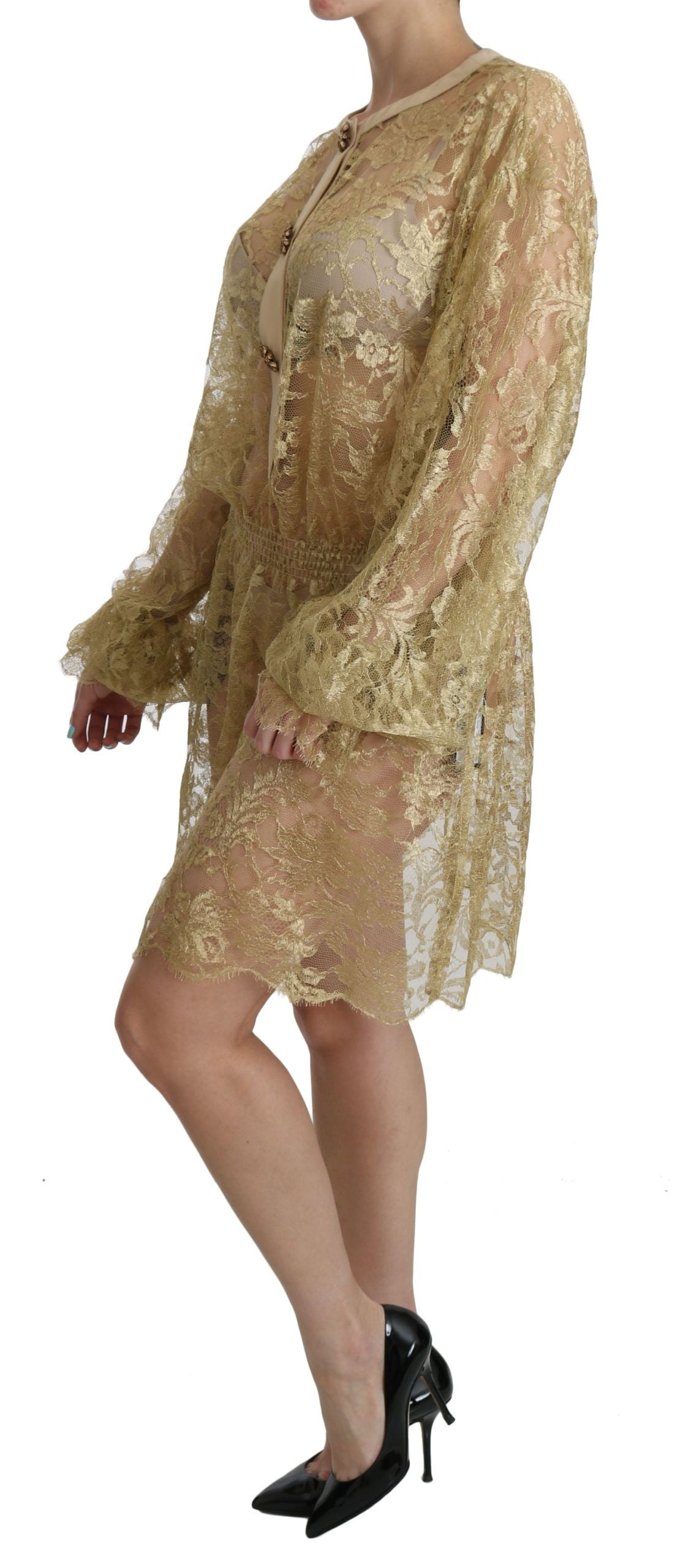 Dolce & Gabbana Gold Lace See Through A-Line Knee Length Dress LUNESCAPE