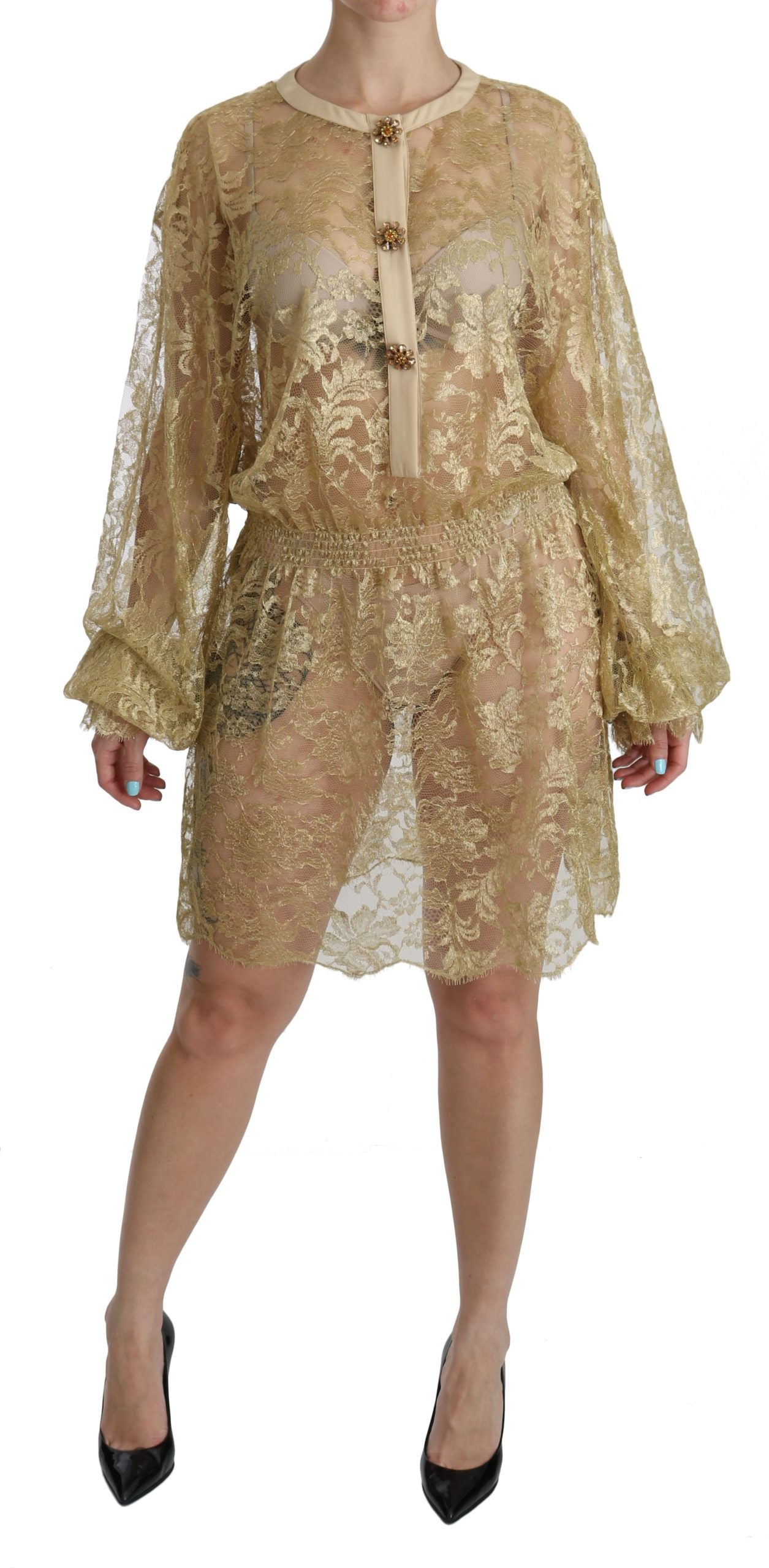 Dolce & Gabbana Gold Lace See Through A-Line Knee Length Dress LUNESCAPE