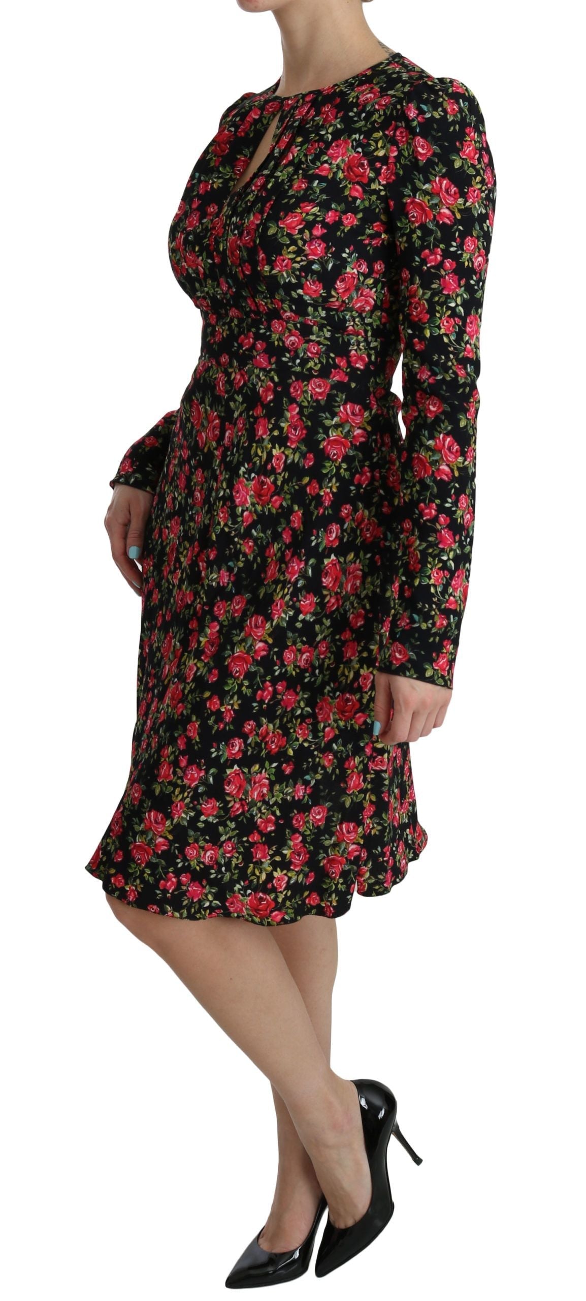 Dolce & Gabbana Black Floral Longsleeve Knee Length Dress LUNESCAPE