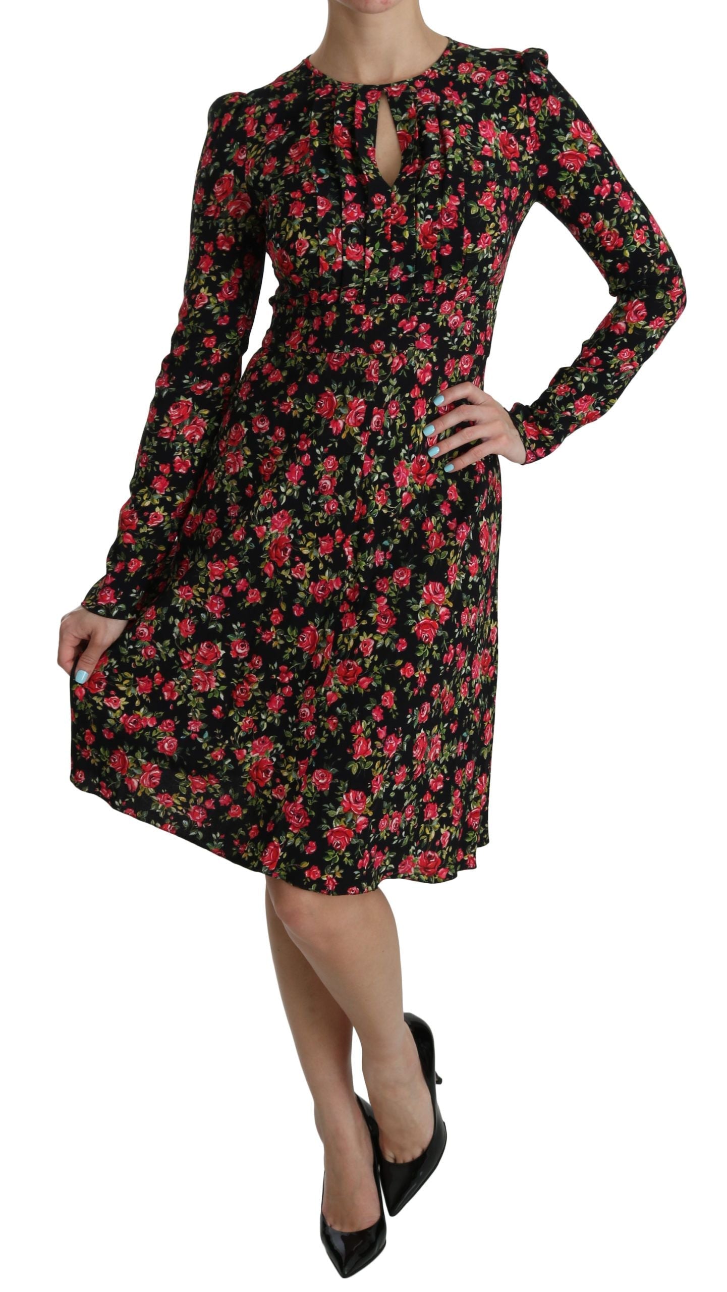 Dolce & Gabbana Black Floral Longsleeve Knee Length Dress LUNESCAPE