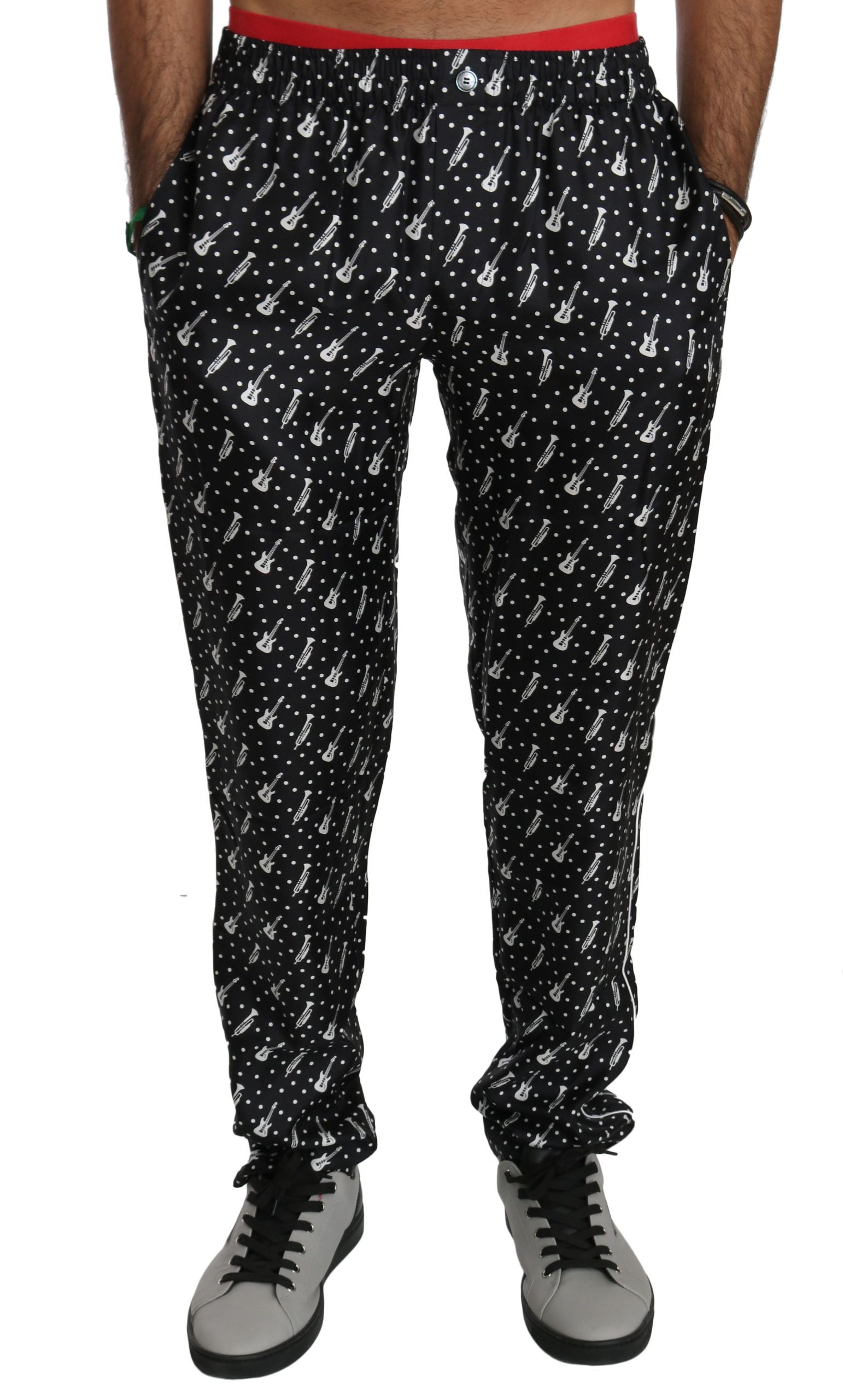Dolce & Gabbana Silk Black Musical Instrument Trouser Pants LUNESCAPE