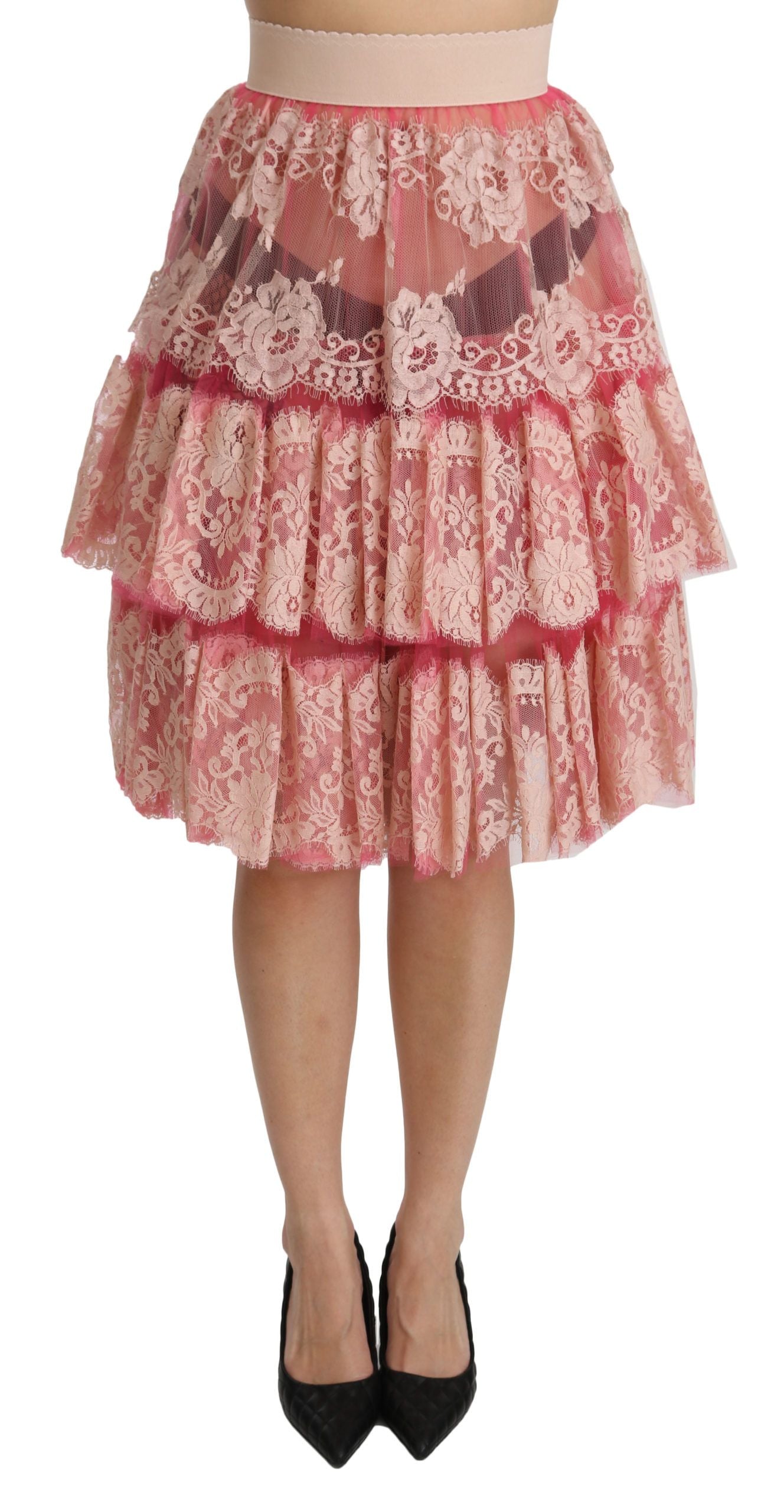 Dolce & Gabbana Pink Lace Layered High Waist Knee Length Skirt LUNESCAPE