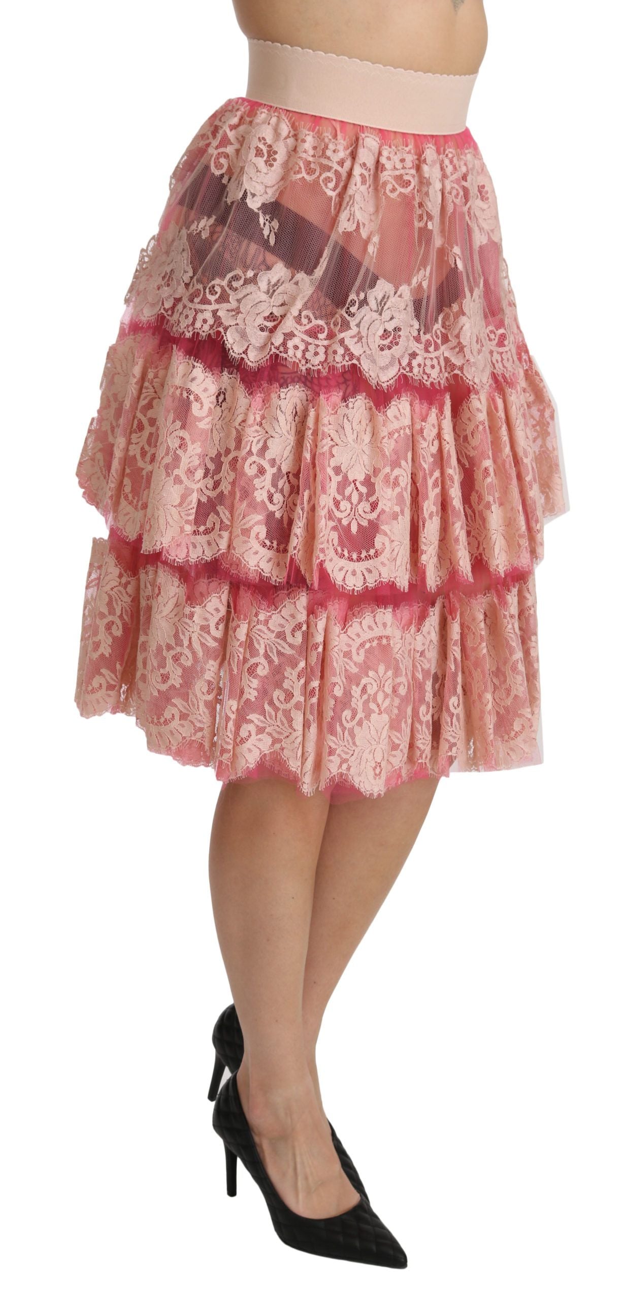 Dolce & Gabbana Pink Lace Layered High Waist Knee Length Skirt LUNESCAPE