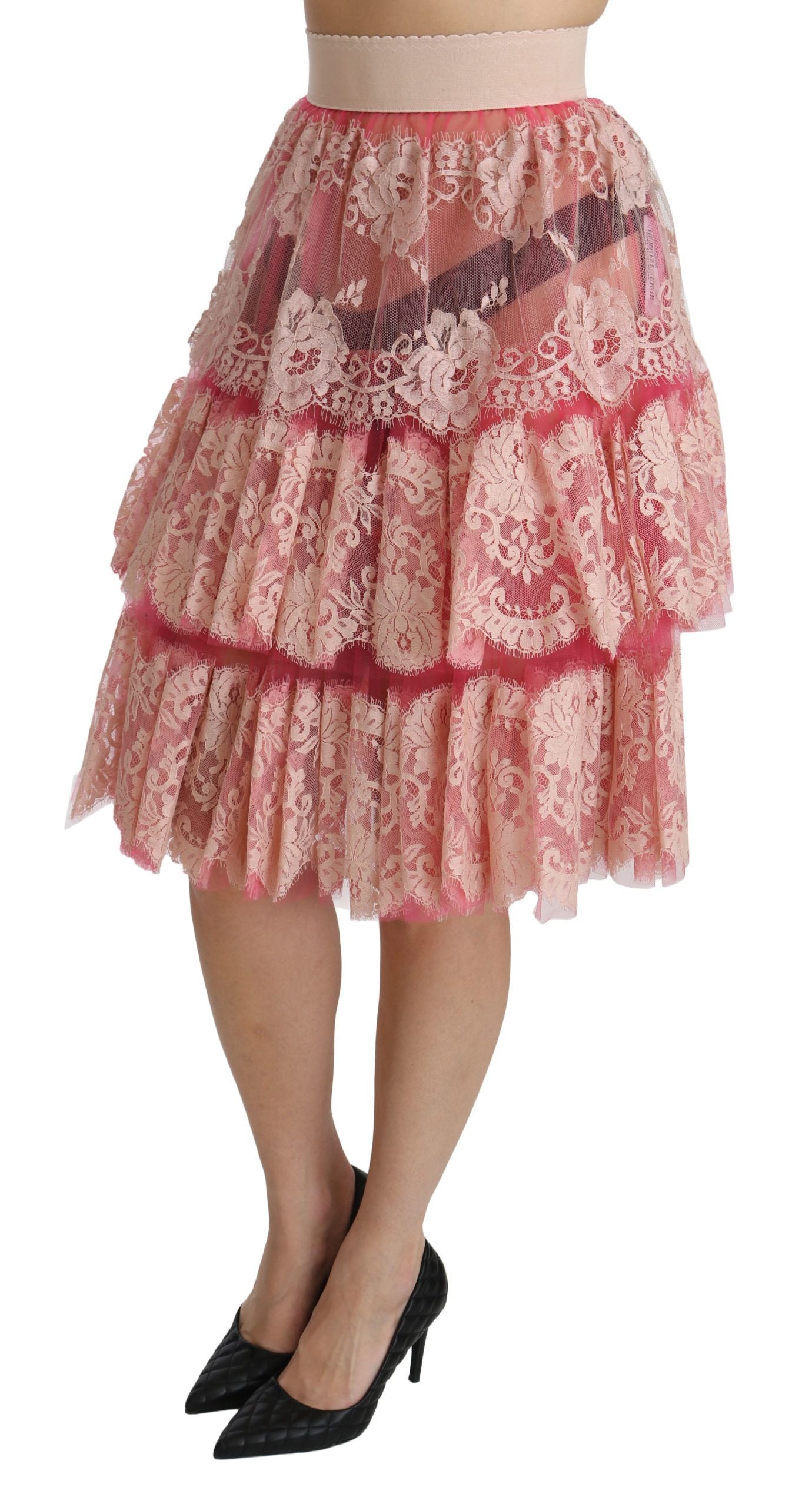 Dolce & Gabbana Pink Lace Layered High Waist Knee Length Skirt LUNESCAPE