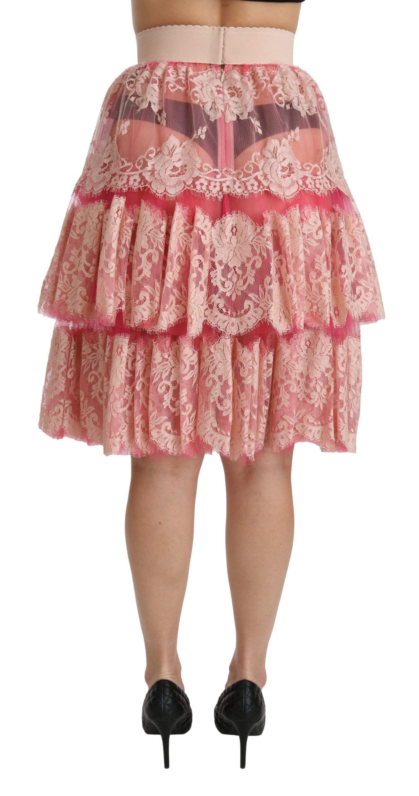 Dolce & Gabbana Pink Lace Layered High Waist Knee Length Skirt LUNESCAPE