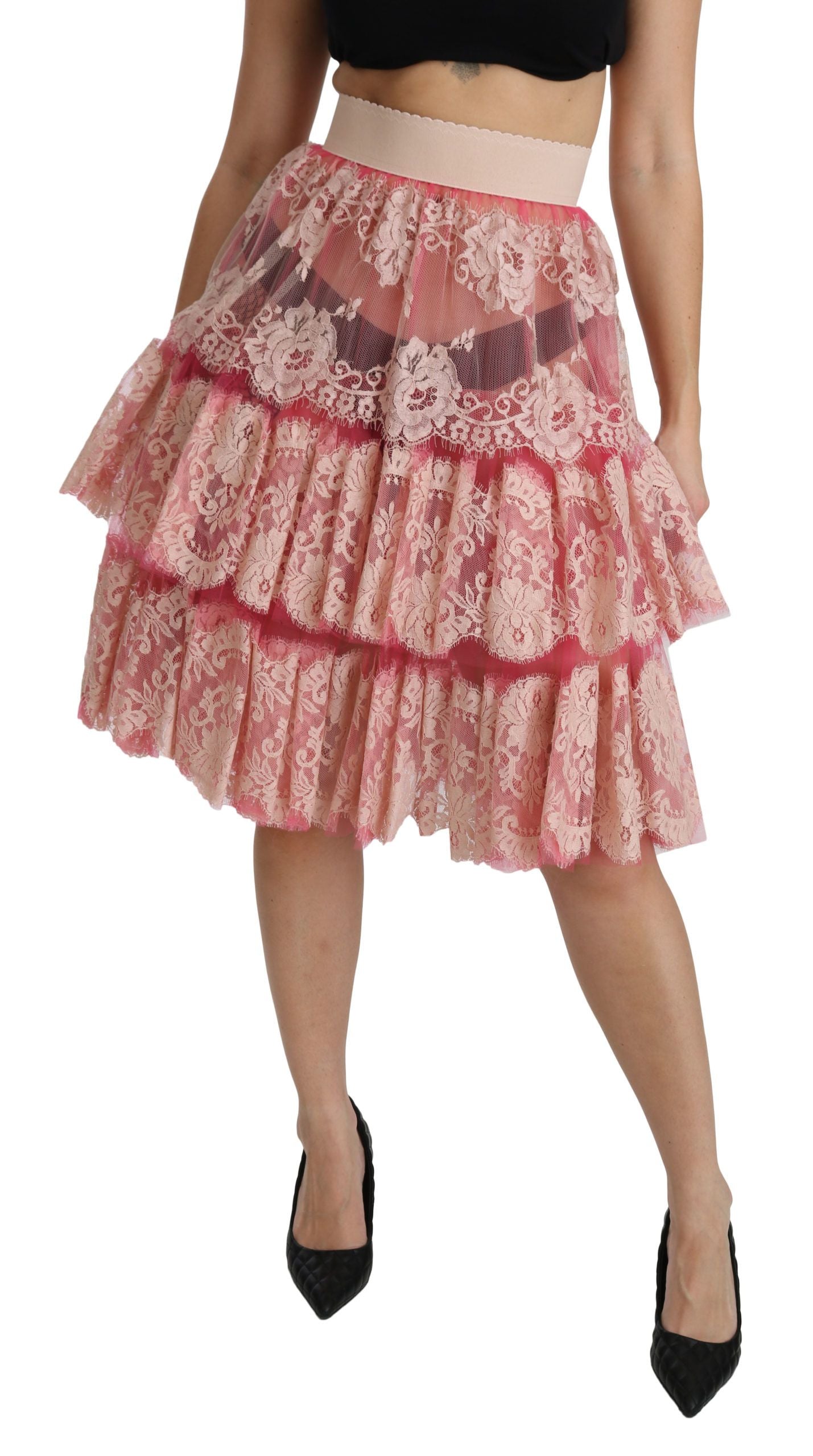 Dolce & Gabbana Pink Lace Layered High Waist Knee Length Skirt LUNESCAPE