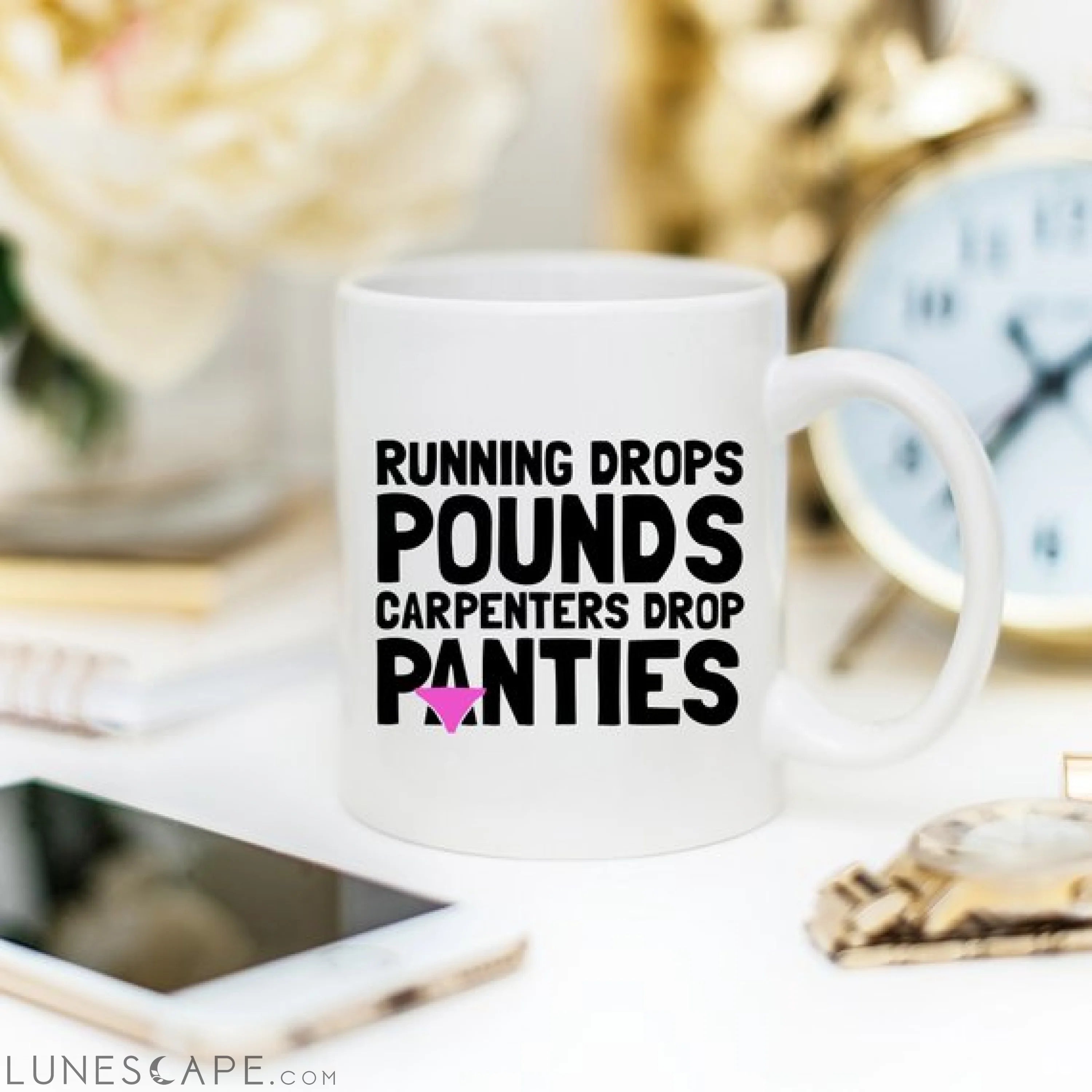 11oz Coffee Mug - Running Drops Pounds, Carpenters LUNESCAPE
