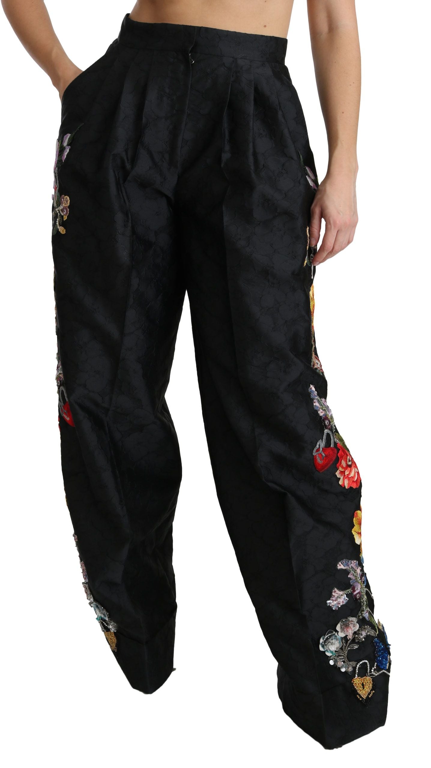 Dolce & Gabbana Black Brocade Floral Sequined Beaded Pants LUNESCAPE