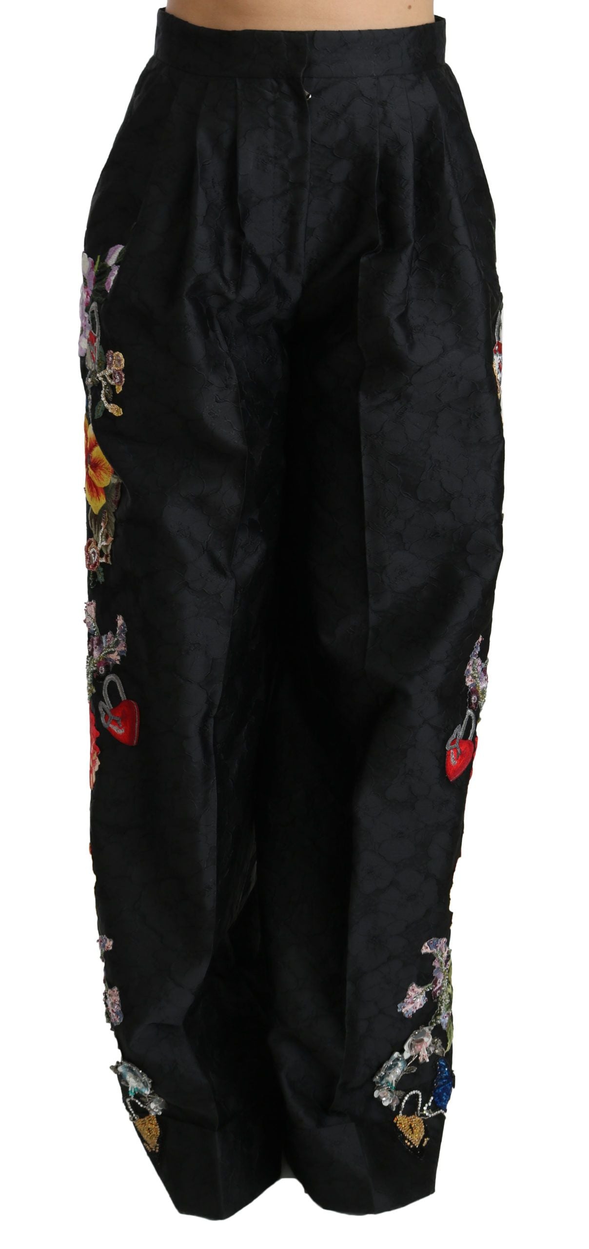Dolce & Gabbana Black Brocade Floral Sequined Beaded Pants LUNESCAPE