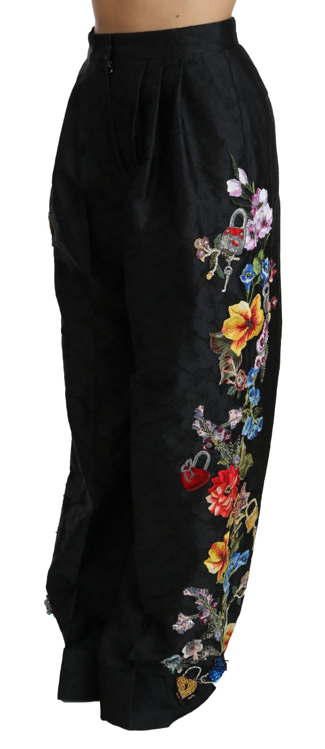 Dolce & Gabbana Black Brocade Floral Sequined Beaded Pants LUNESCAPE