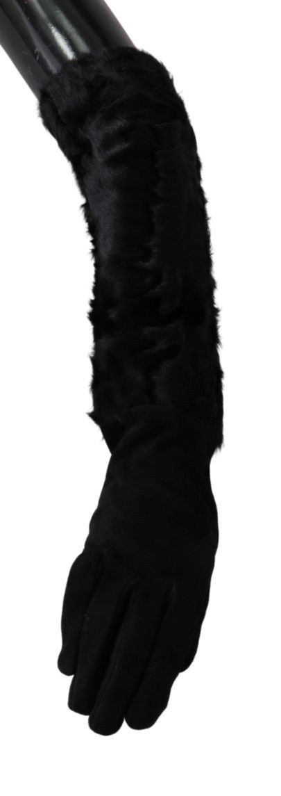 Dolce & Gabbana Black Elbow Length Mitten Suede Fur Gloves LUNESCAPE