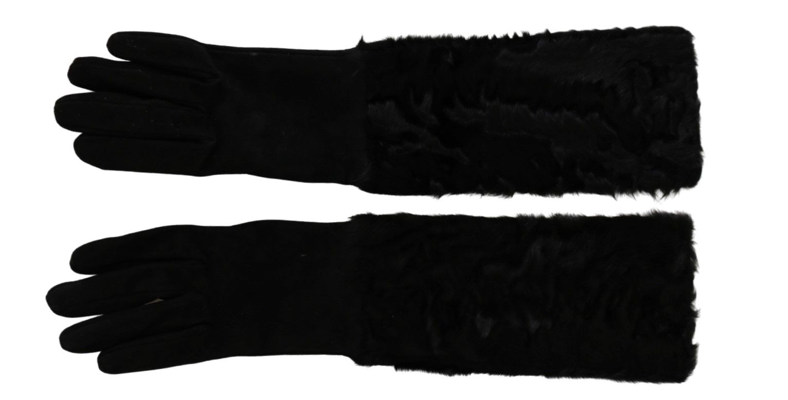 Dolce & Gabbana Black Elbow Length Mitten Suede Fur Gloves LUNESCAPE