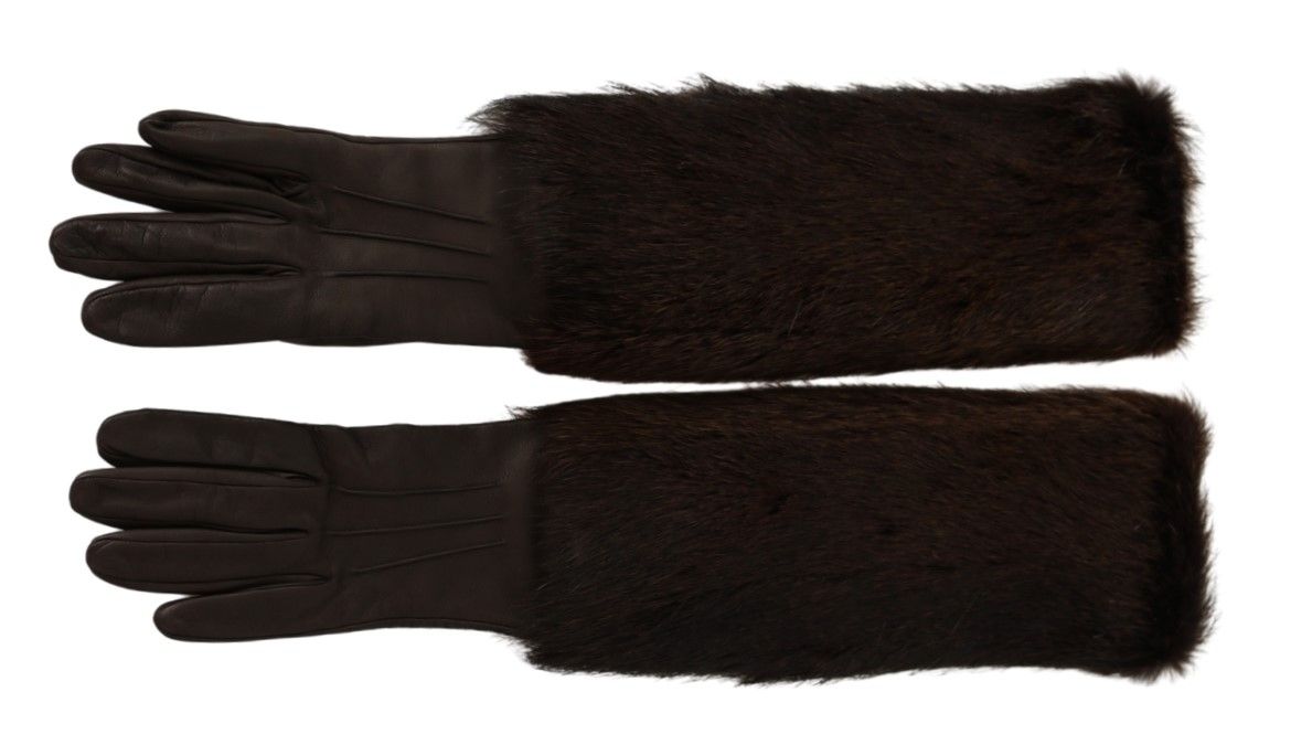 Dolce & Gabbana Brown Elbow Length Mittens Leather Fur Gloves LUNESCAPE